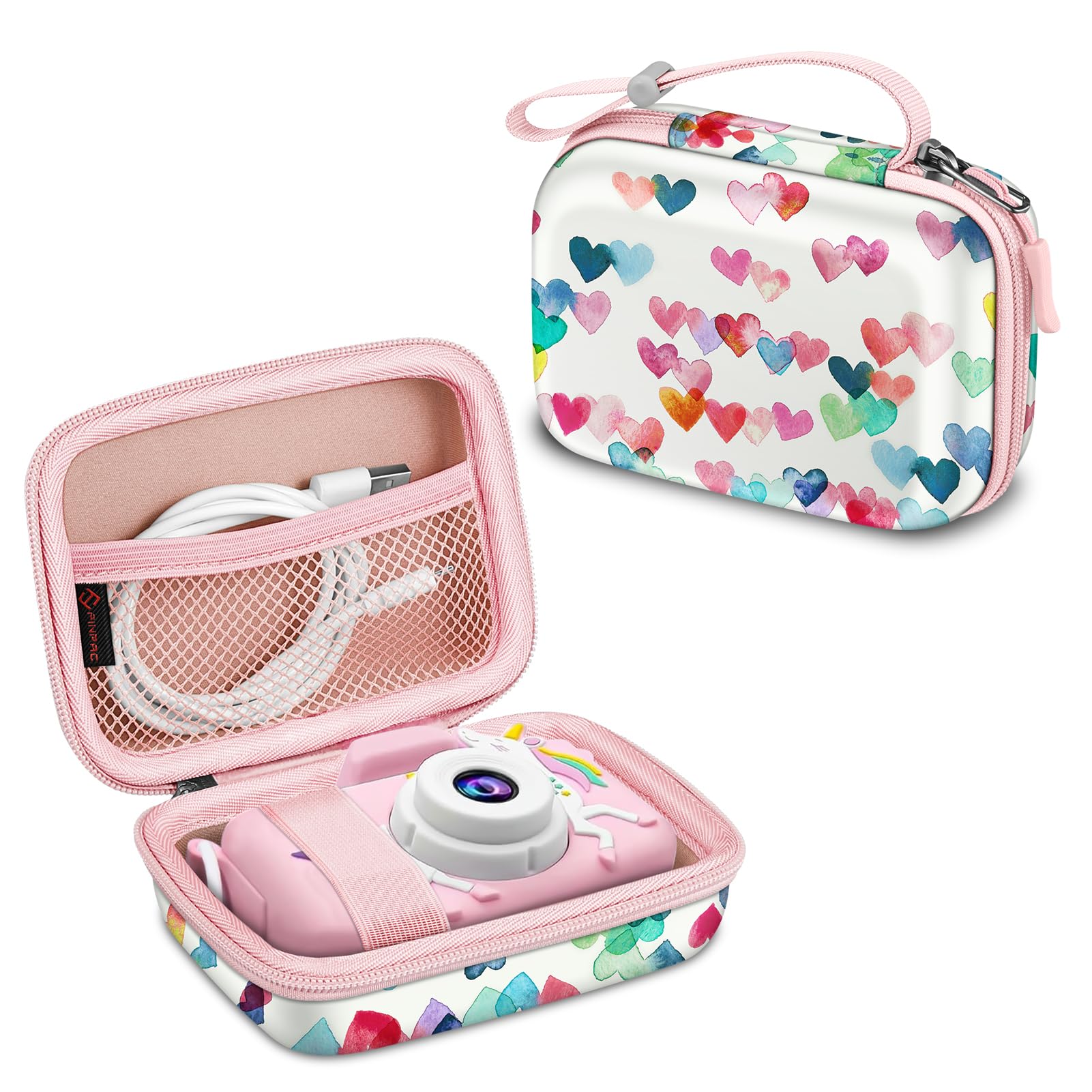 Fintie Kids Camera Case Compatible with Goopow/Mgaolo/CIMELR/Seckton/GKTZ/Desuccus/OZMI/Agoigo/Ourlife/Unicorn Kids Camera Toys & Video Camera, Hard Carrying Bag with Inner Pocket, Raining Hearts