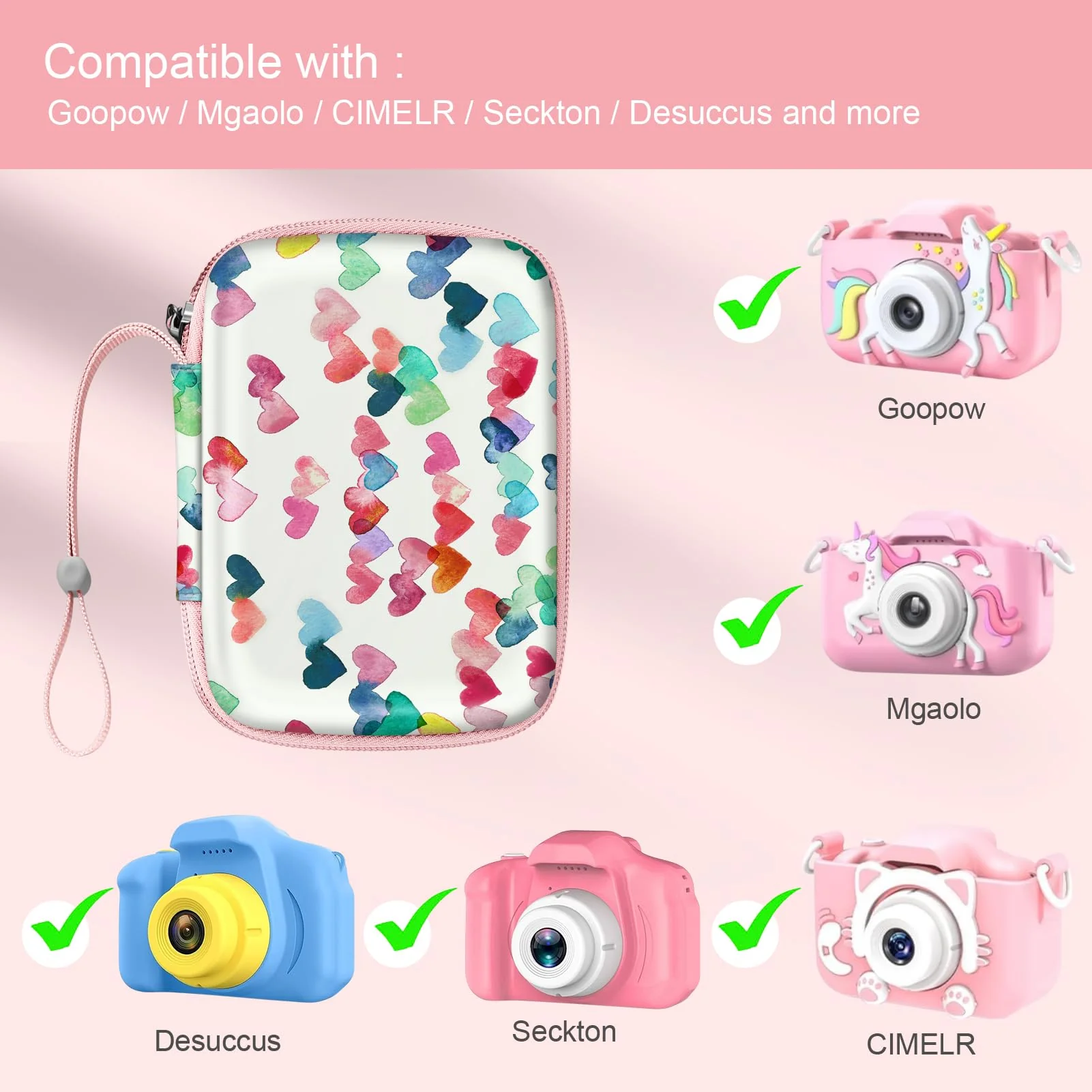 Fintie Kids Camera Case Compatible with Goopow/Mgaolo/CIMELR/Seckton/GKTZ/Desuccus/OZMI/Agoigo/Ourlife/Unicorn Kids Camera Toys & Video Camera, Hard Carrying Bag with Inner Pocket, Raining Hearts - Image 2