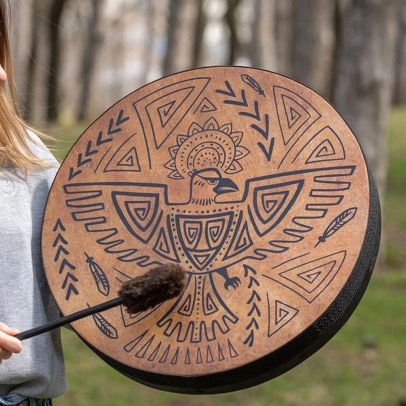 Firlar Shaman Drum, 10 Inch Shaman Bird Pattern Handmade Shaman Drum With Drum Stick, Spiritual Instrument, Exquisite Look, Siberian Drum Spirit Music Symbol, Sound Healer Shaman Drum Brown - Image 3