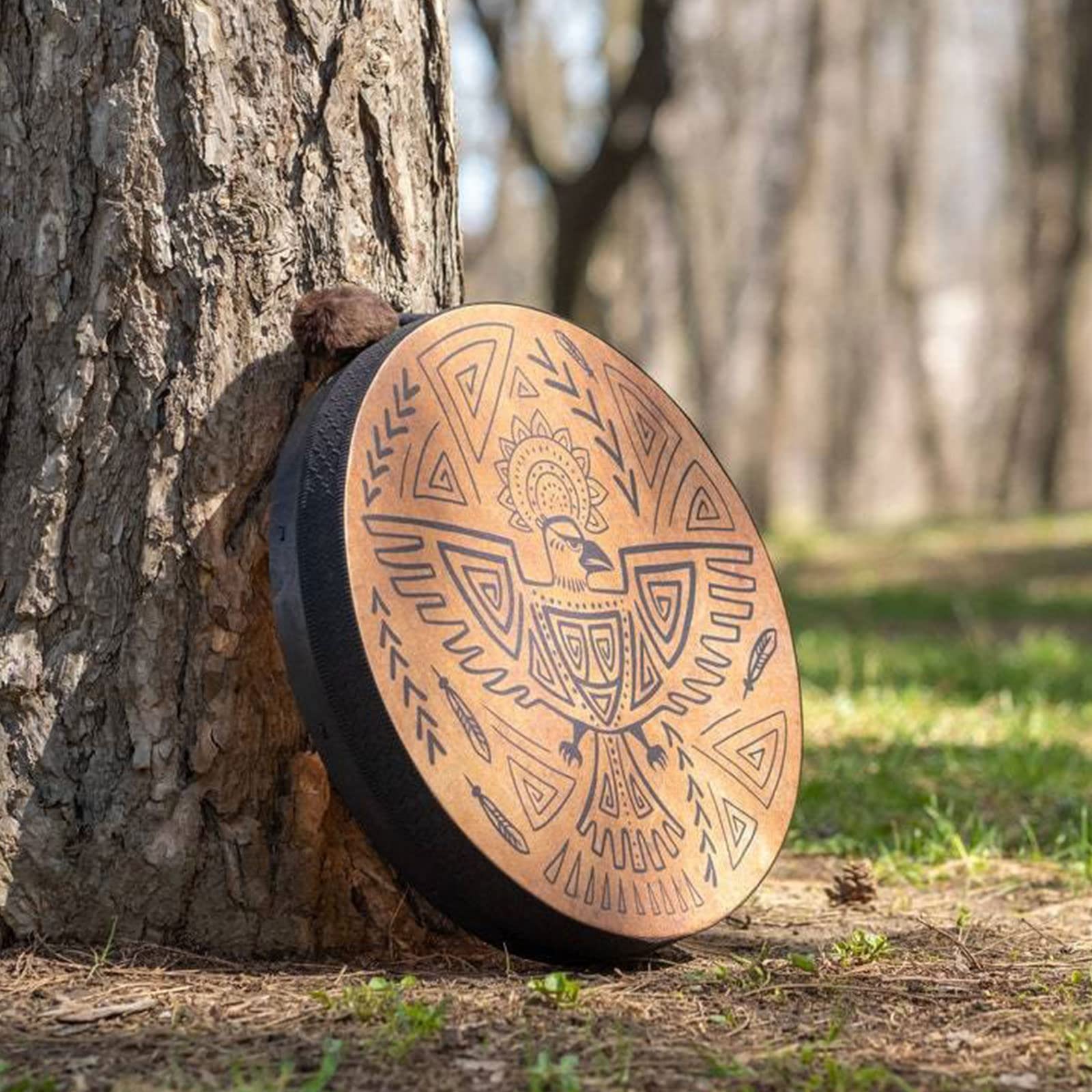 Firlar Shaman Drum, 10 Inch Shaman Bird Pattern Handmade Shaman Drum With Drum Stick, Spiritual Instrument, Exquisite Look, Siberian Drum Spirit Music Symbol, Sound Healer Shaman Drum Brown - Image 4