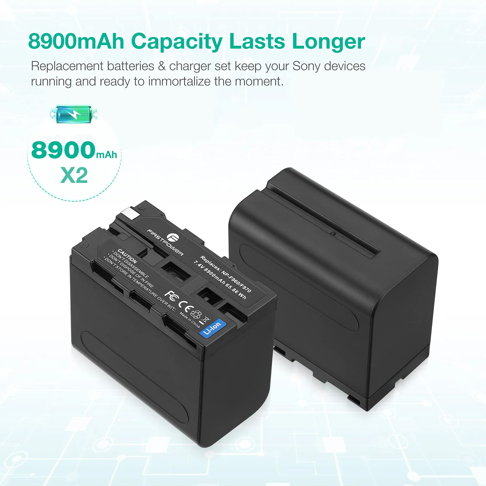 FirstPower 2 Pack NP-F970 Batteries and USB Dual Charger for Sony NP-F970 F960 F950 F930 F750 F570 F550 F530 F330 Battery and Sony Handycams, CCD-SC55 TR516 TR716 TR818 TR910 TR917 - Image 3