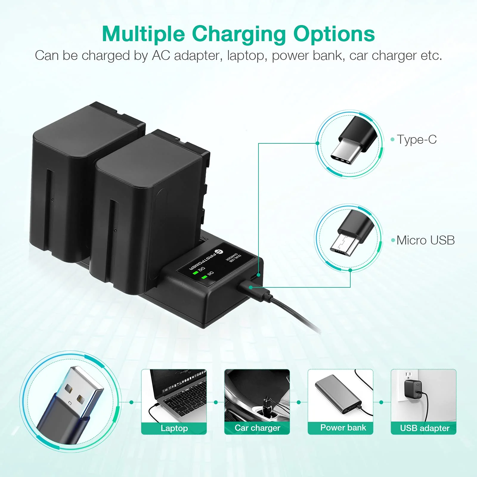 FirstPower 2 Pack NP-F970 Batteries and USB Dual Charger for Sony NP-F970 F960 F950 F930 F750 F570 F550 F530 F330 Battery and Sony Handycams, CCD-SC55 TR516 TR716 TR818 TR910 TR917 - Image 4