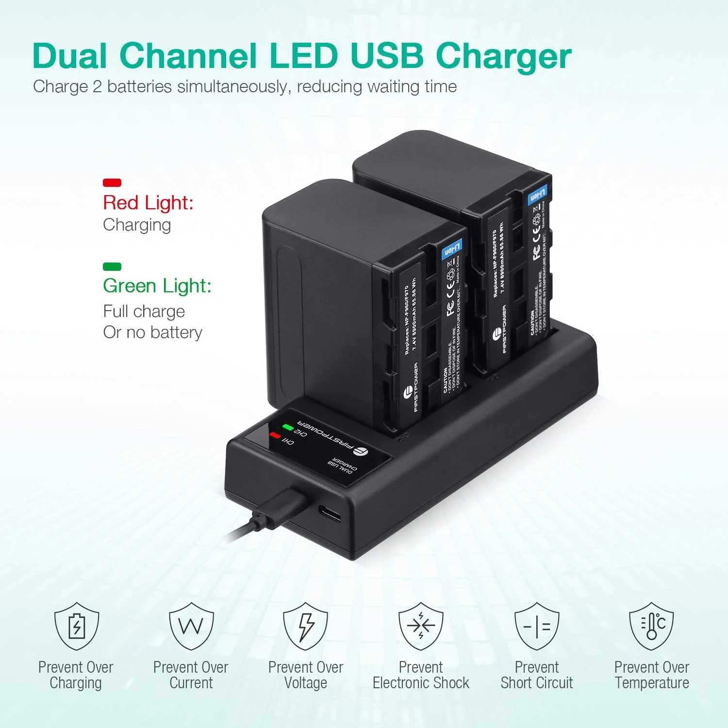FirstPower 2 Pack NP-F970 Batteries and USB Dual Charger for Sony NP-F970 F960 F950 F930 F750 F570 F550 F530 F330 Battery and Sony Handycams, CCD-SC55 TR516 TR716 TR818 TR910 TR917 - Image 5