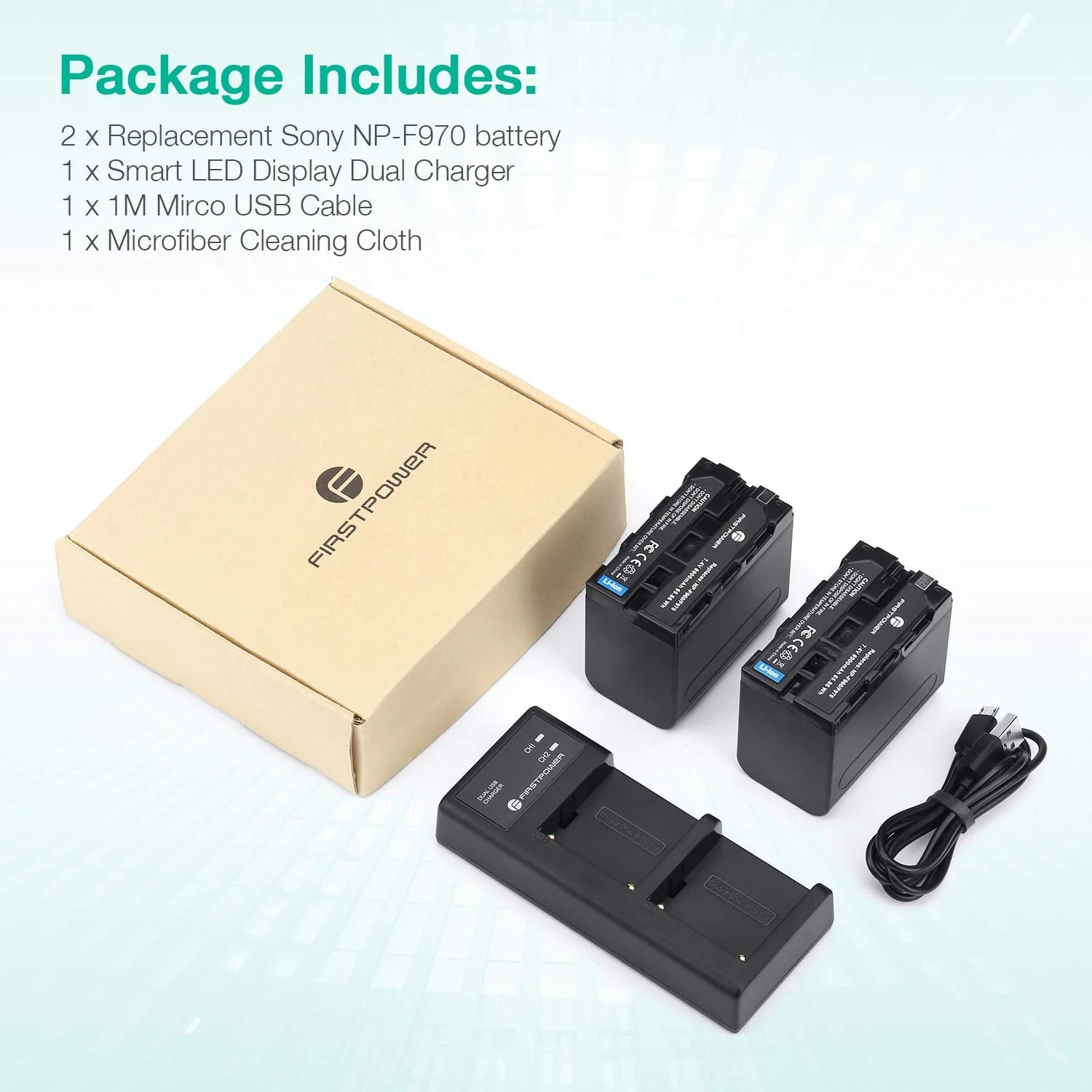 FirstPower 2 Pack NP-F970 Batteries and USB Dual Charger for Sony NP-F970 F960 F950 F930 F750 F570 F550 F530 F330 Battery and Sony Handycams, CCD-SC55 TR516 TR716 TR818 TR910 TR917 - Image 7