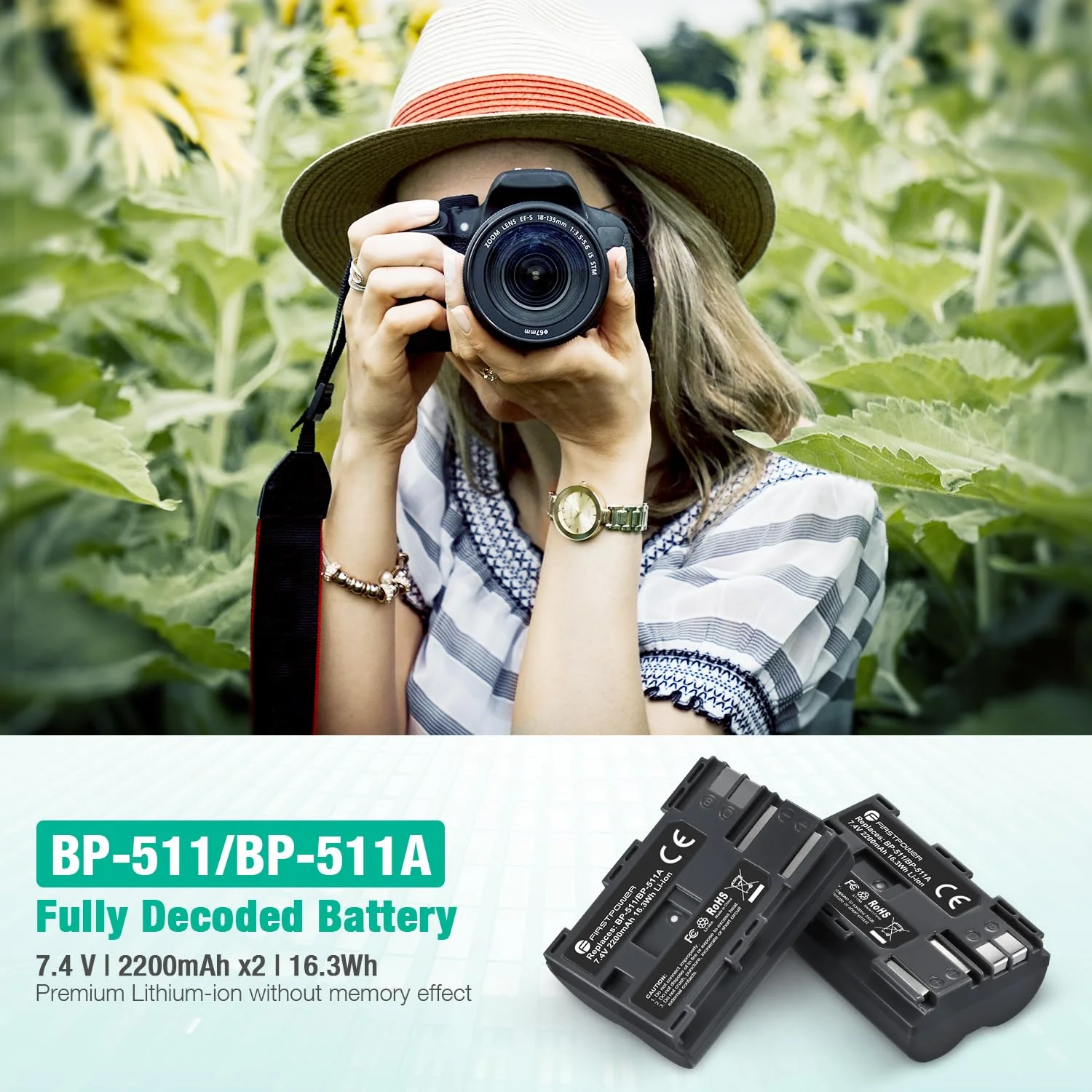FirstPower BP-511 BP-511a Battery 2-Pack 2200mAh and Dual USB Charger for Canon EOS 5D 10D 20D 20Da 30D 40D 50D 300D D30 D60 and More Camera - Image 2
