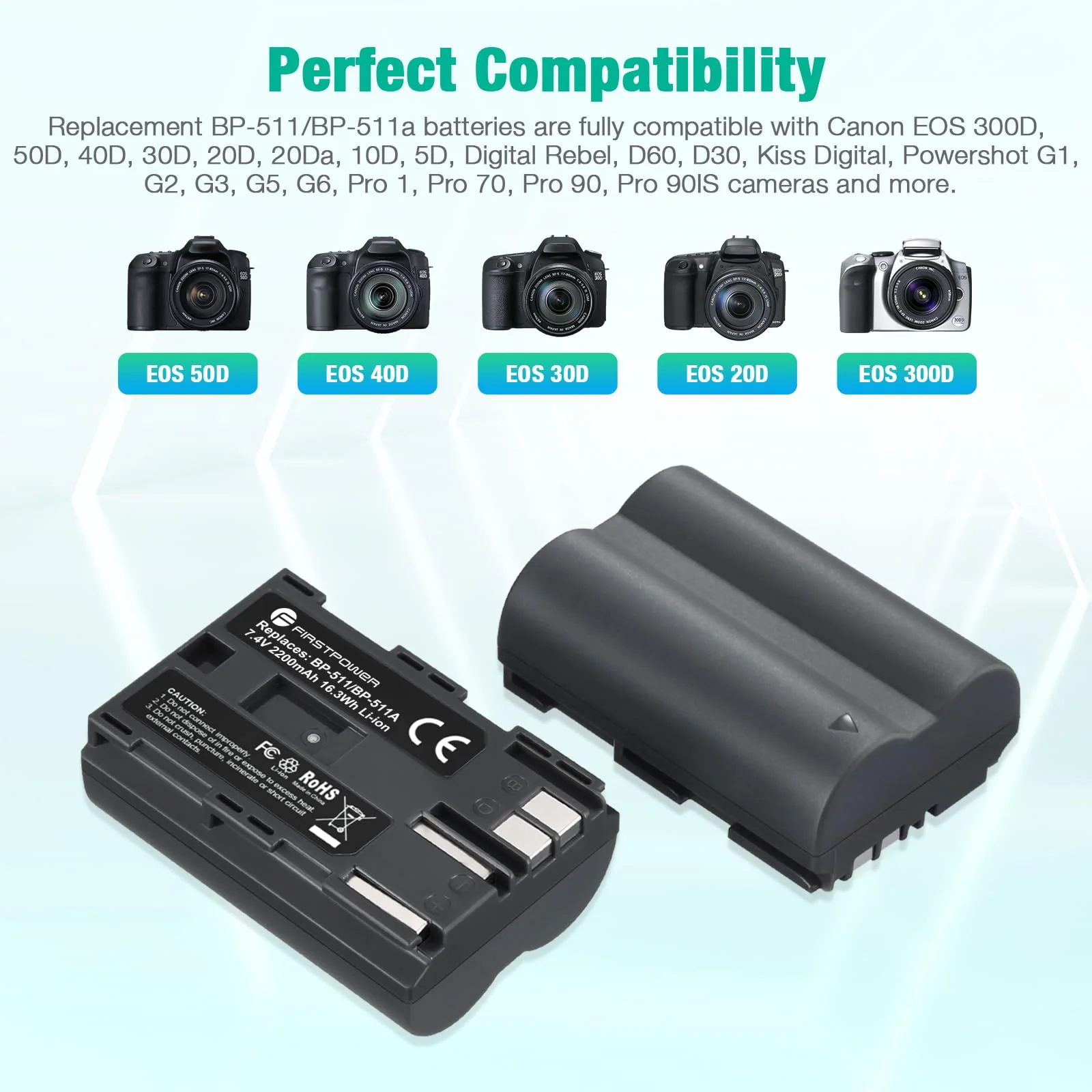 FirstPower BP-511 BP-511a Battery 2-Pack 2200mAh and Dual USB Charger for Canon EOS 5D 10D 20D 20Da 30D 40D 50D 300D D30 D60 and More Camera - Image 3