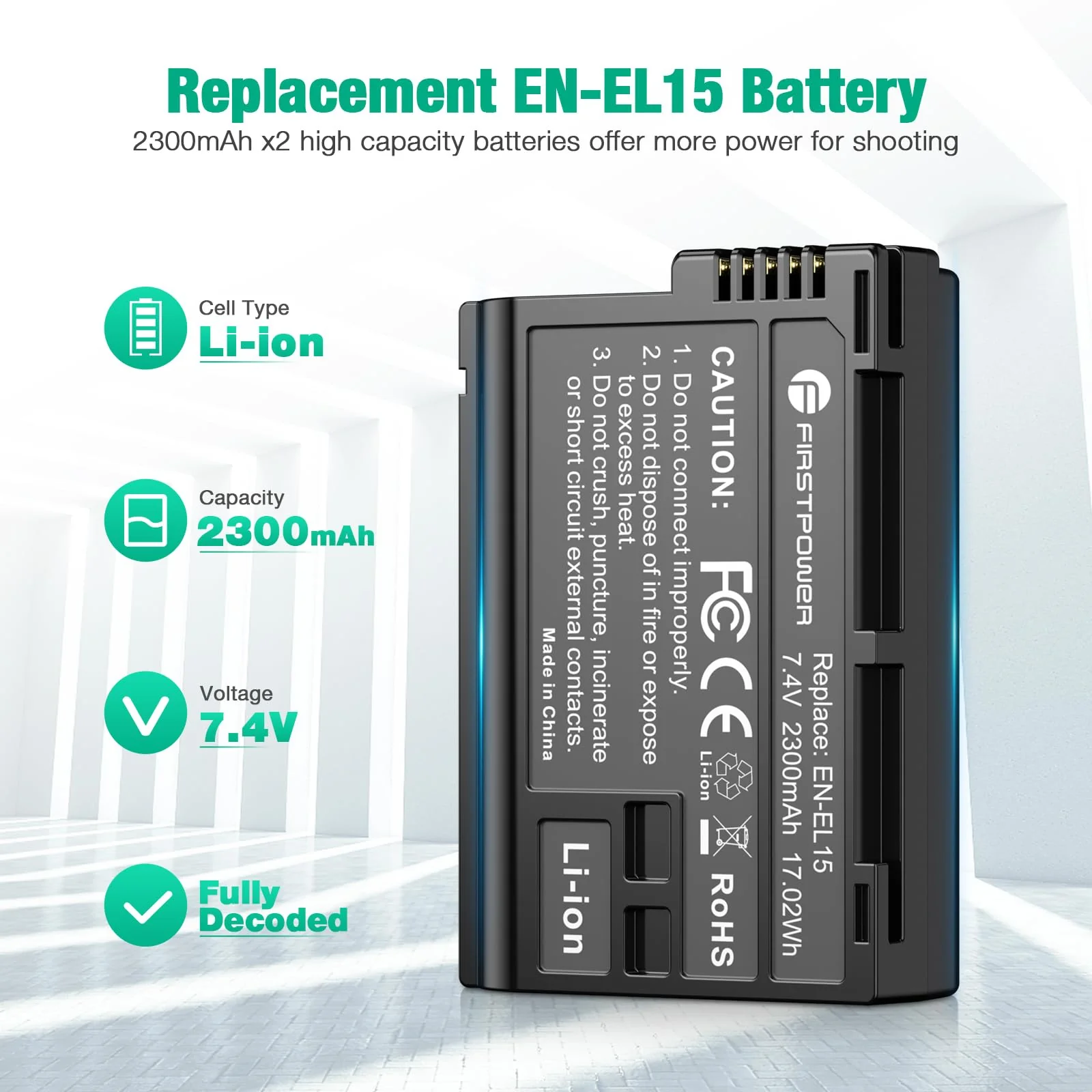 FirstPower EN-EL15 /EL15a/EL15b/EL15c Batteries 2-Pack and USB Dual Charger Compatible with Nikon Z6 Z7 D750 D850 D7000 D7100 D7200 D7500 D500 D600 D610 D780 D800 D800e D810 D810a Cameras - Image 2