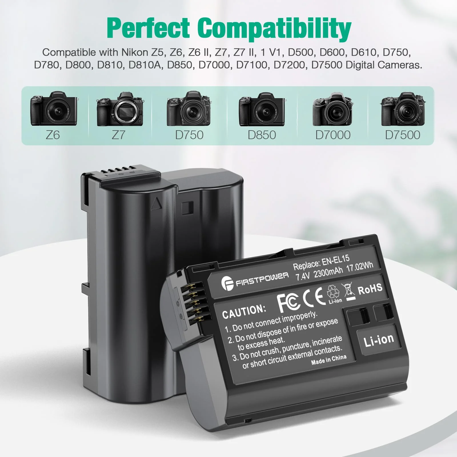 FirstPower EN-EL15 /EL15a/EL15b/EL15c Batteries 2-Pack and USB Dual Charger Compatible with Nikon Z6 Z7 D750 D850 D7000 D7100 D7200 D7500 D500 D600 D610 D780 D800 D800e D810 D810a Cameras - Image 3