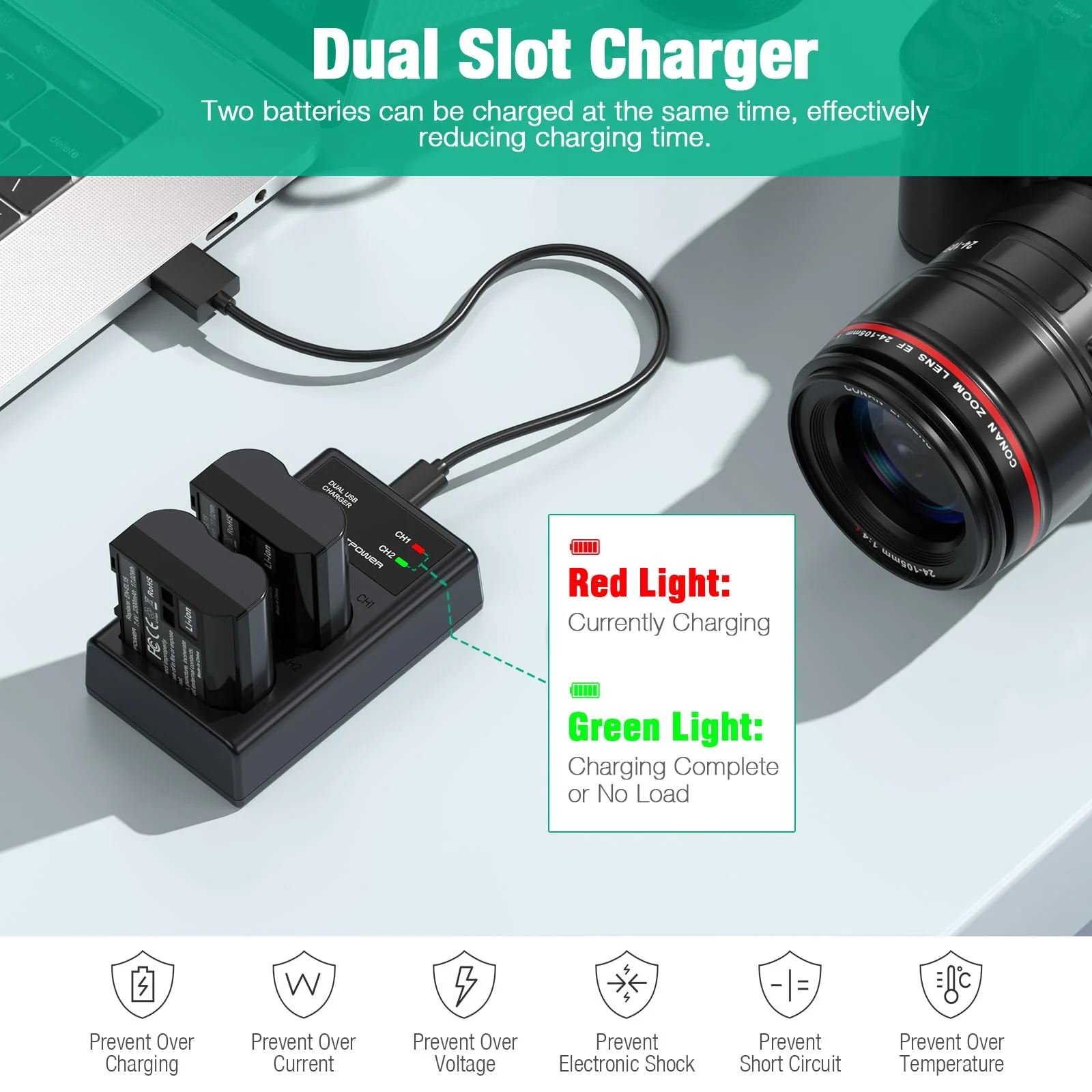 FirstPower EN-EL15 /EL15a/EL15b/EL15c Batteries 2-Pack and USB Dual Charger Compatible with Nikon Z6 Z7 D750 D850 D7000 D7100 D7200 D7500 D500 D600 D610 D780 D800 D800e D810 D810a Cameras - Image 4