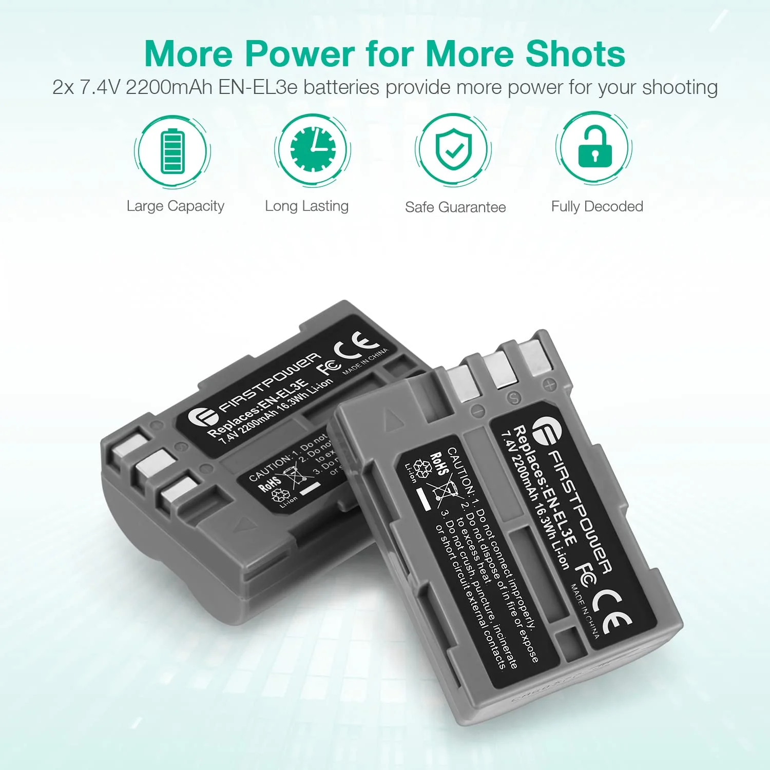 FirstPower EN-EL3e Battery 2-Pack 2200mAh and Dual USB Charger Compatible with Nikon D50, D70, D70s, D80, D90, D100, D200, D300, D300S, D700 Digital SLR Cameras - Image 2