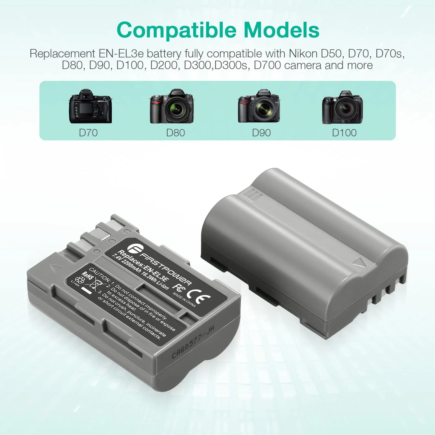 FirstPower EN-EL3e Battery 2-Pack 2200mAh and Dual USB Charger Compatible with Nikon D50, D70, D70s, D80, D90, D100, D200, D300, D300S, D700 Digital SLR Cameras - Image 3