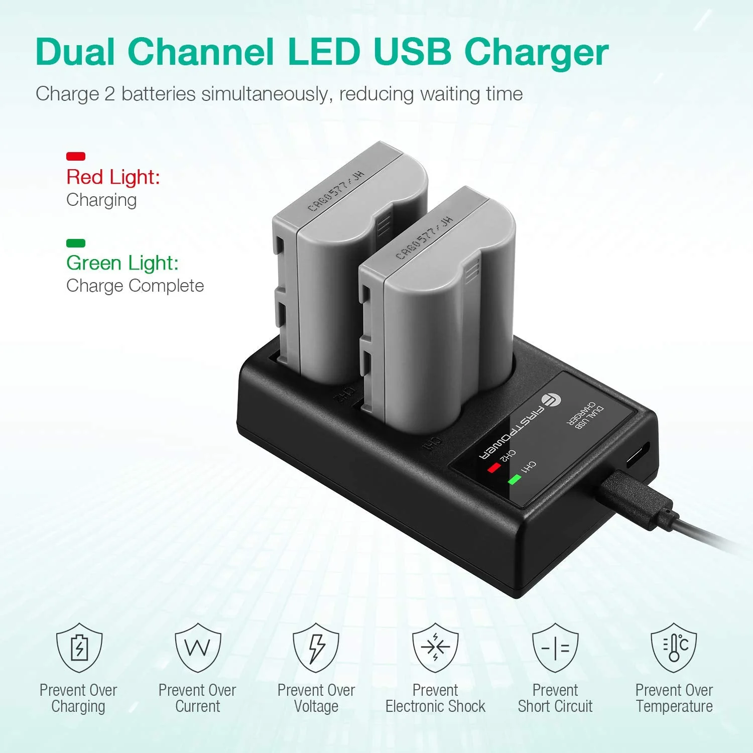 FirstPower EN-EL3e Battery 2-Pack 2200mAh and Dual USB Charger Compatible with Nikon D50, D70, D70s, D80, D90, D100, D200, D300, D300S, D700 Digital SLR Cameras - Image 4