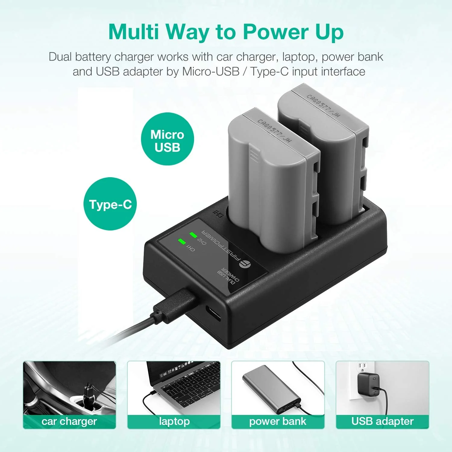 FirstPower EN-EL3e Battery 2-Pack 2200mAh and Dual USB Charger Compatible with Nikon D50, D70, D70s, D80, D90, D100, D200, D300, D300S, D700 Digital SLR Cameras - Image 5