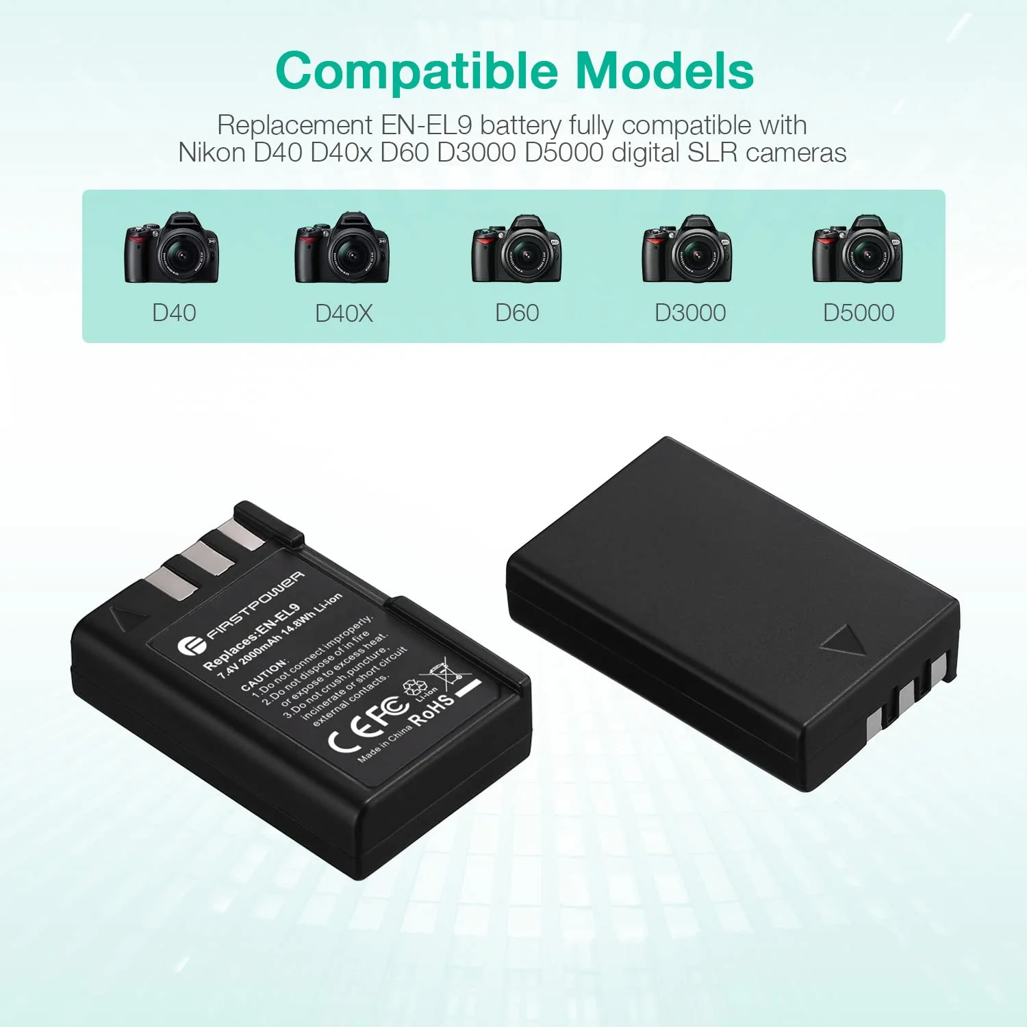 FirstPower EN-EL9 EN EL9a Battery 2-Pack 2000mAh and Dual USB Charger Compatible with Nikon D40, D40x, D60, D3000, D5000 Digital SLR Cameras - Image 3