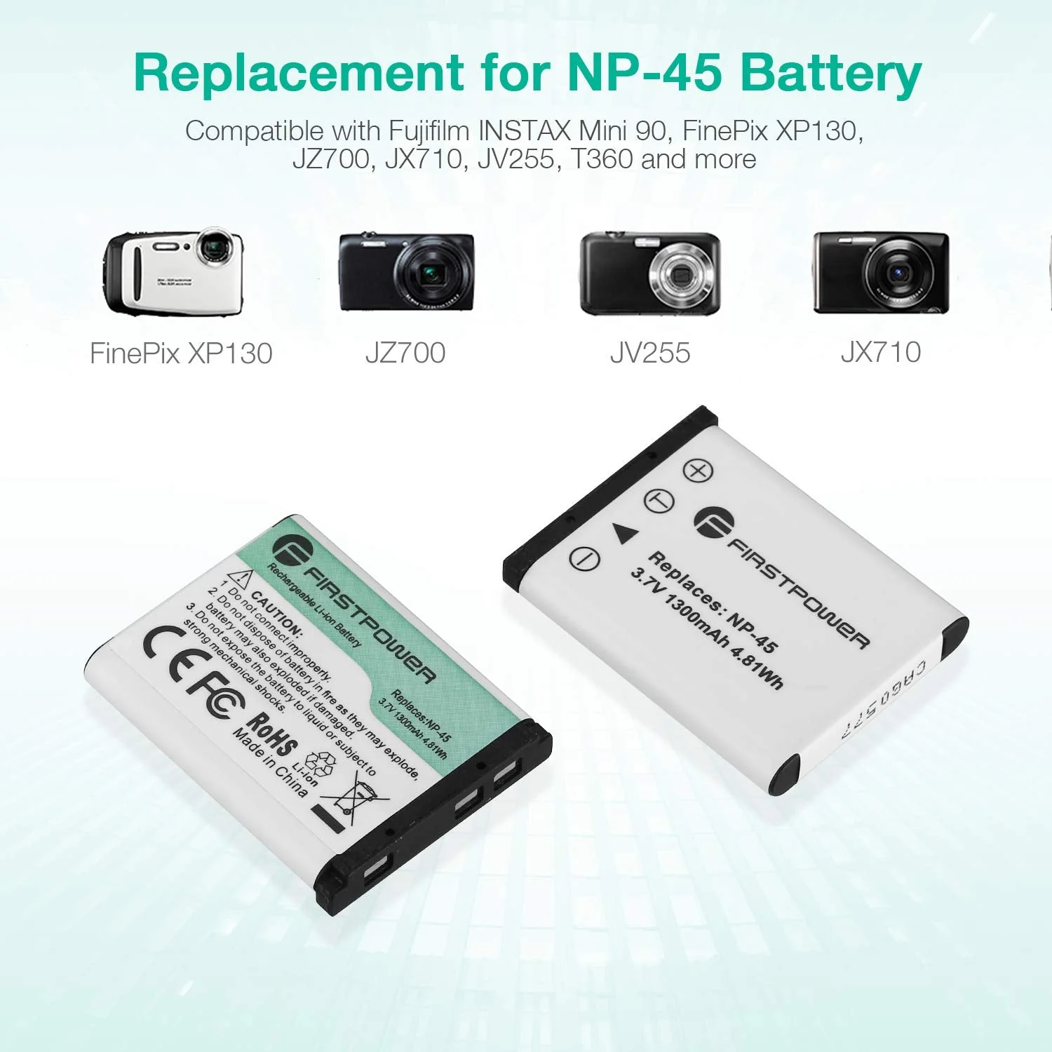 FirstPower NP-45/NP-45A/NP-45S Battery (X2) and Dual Charger for Fujifilm INSTAX Mini 90 Fuji FinePix XP140 XP130 XP120 XP90 XP80 XP70 XP60 XP30 XP20 T560 T550 T510 T500 T400 T360 - Image 3