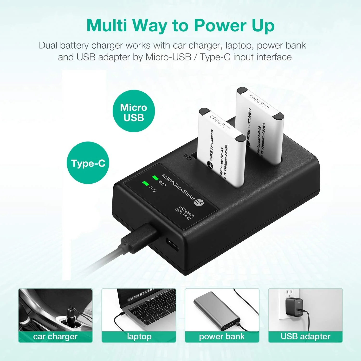 FirstPower NP-45/NP-45A/NP-45S Battery (X2) and Dual Charger for Fujifilm INSTAX Mini 90 Fuji FinePix XP140 XP130 XP120 XP90 XP80 XP70 XP60 XP30 XP20 T560 T550 T510 T500 T400 T360 - Image 5