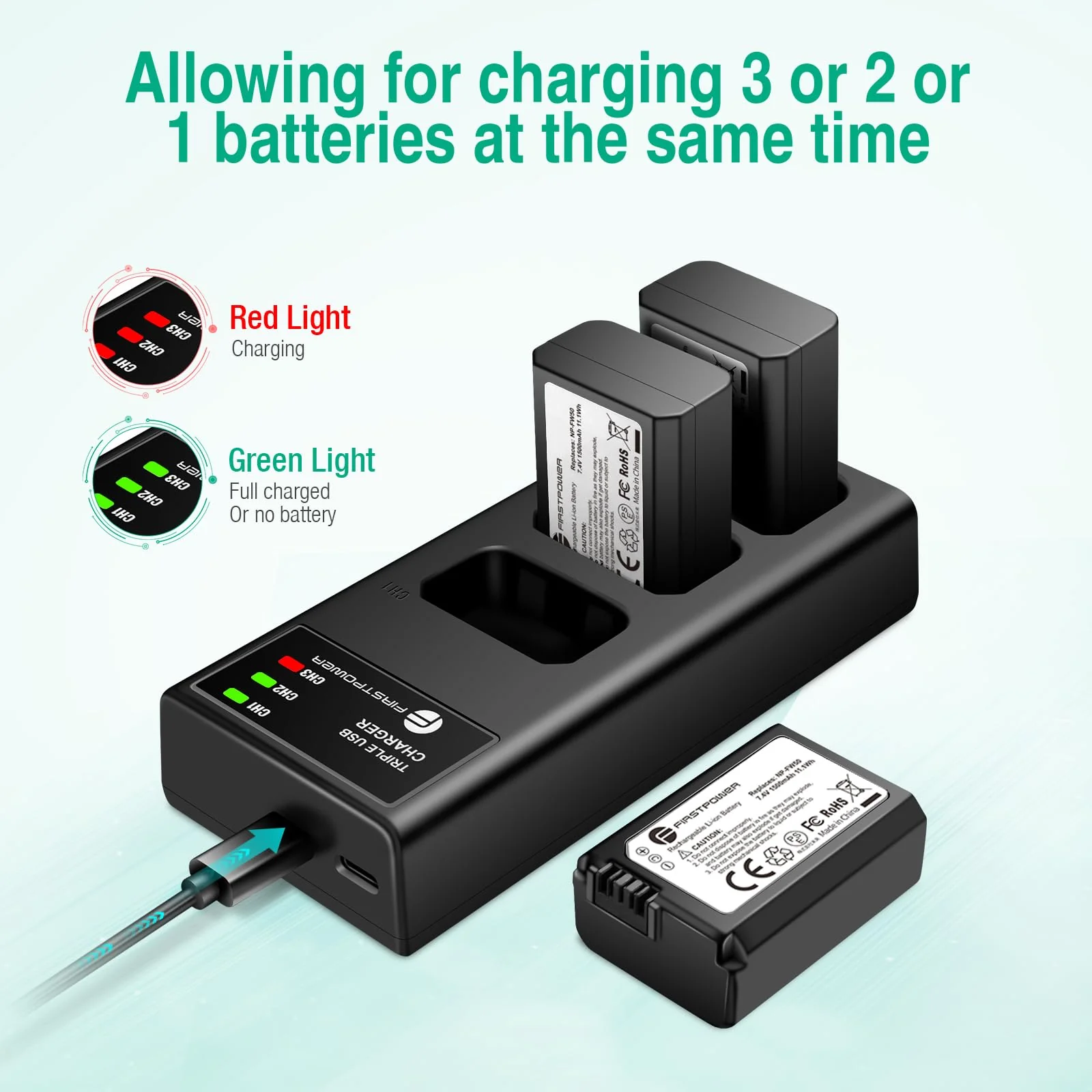 FirstPower NP-FW50 Battery 3-Pack and Triple Slot Charger for Sony Alpha A6000 A6300 A6400 A6500 A7 A7II A7RII A7SII A7S A7S2 A7R A7R2 A5100 A5000 RX10 RX10II ZV-E10 - Image 4