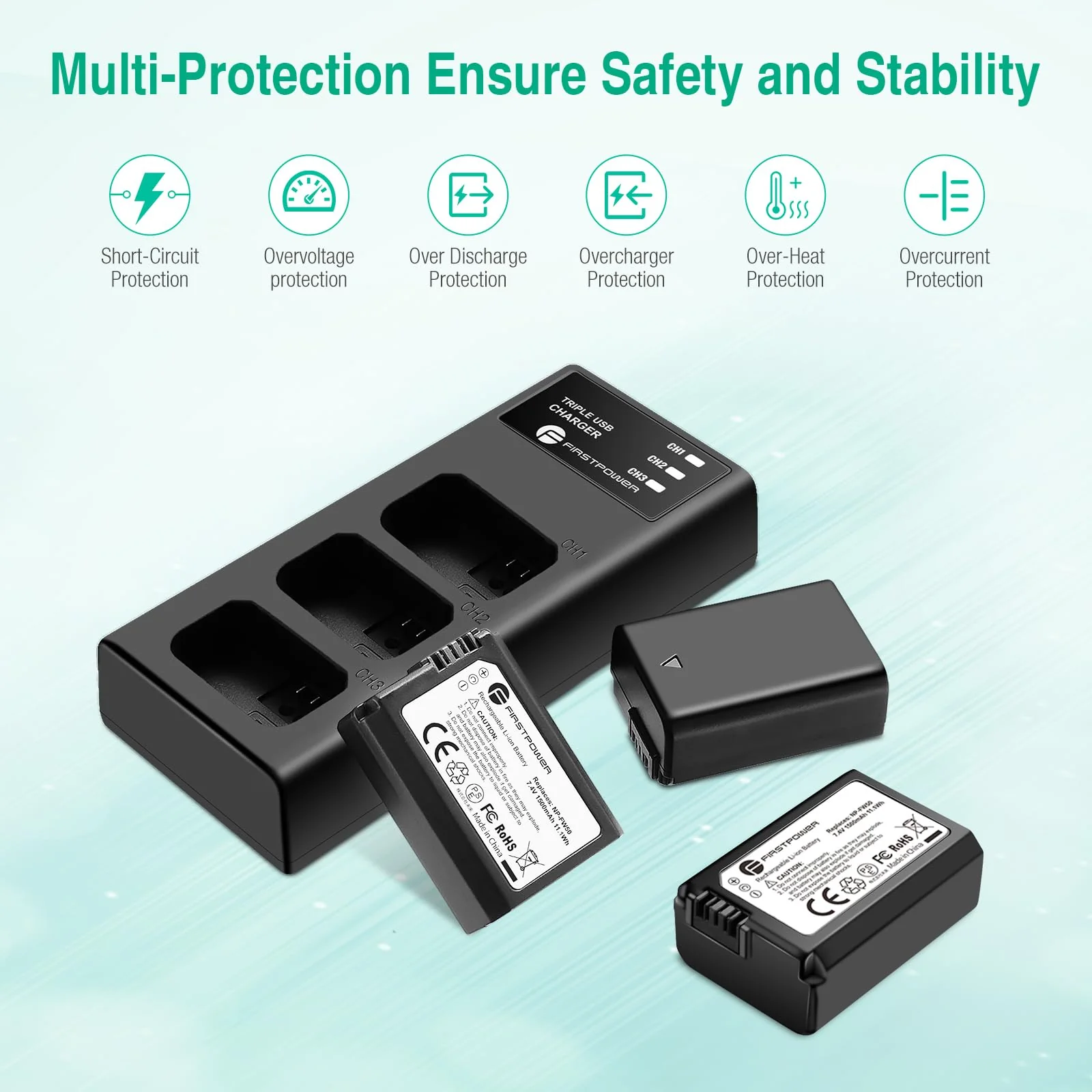 FirstPower NP-FW50 Battery 3-Pack and Triple Slot Charger for Sony Alpha A6000 A6300 A6400 A6500 A7 A7II A7RII A7SII A7S A7S2 A7R A7R2 A5100 A5000 RX10 RX10II ZV-E10 - Image 7