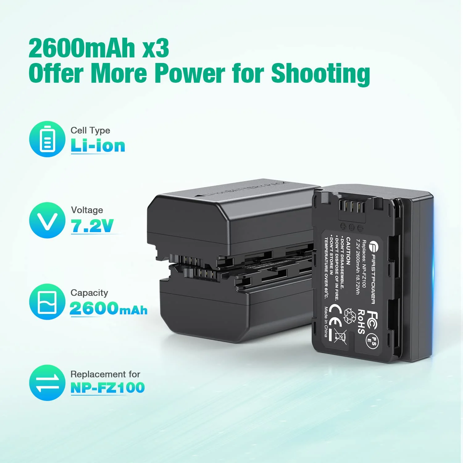 FirstPower NP-FZ100 Battery 3-Pack and Triple Slot Charger for Sony FX3, FX30, A7 III, A7 IV, A7R III, A9, A6600, A7R3, A7S III/A7S3, A7R III/A7C Camera - Image 2