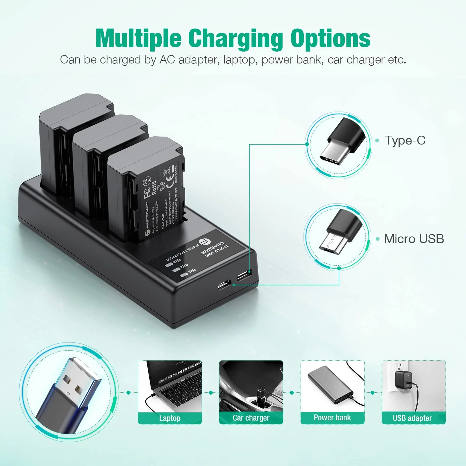 FirstPower NP-FZ100 Battery 3-Pack and Triple Slot Charger for Sony FX3, FX30, A7 III, A7 IV, A7R III, A9, A6600, A7R3, A7S III/A7S3, A7R III/A7C Camera - Image 5
