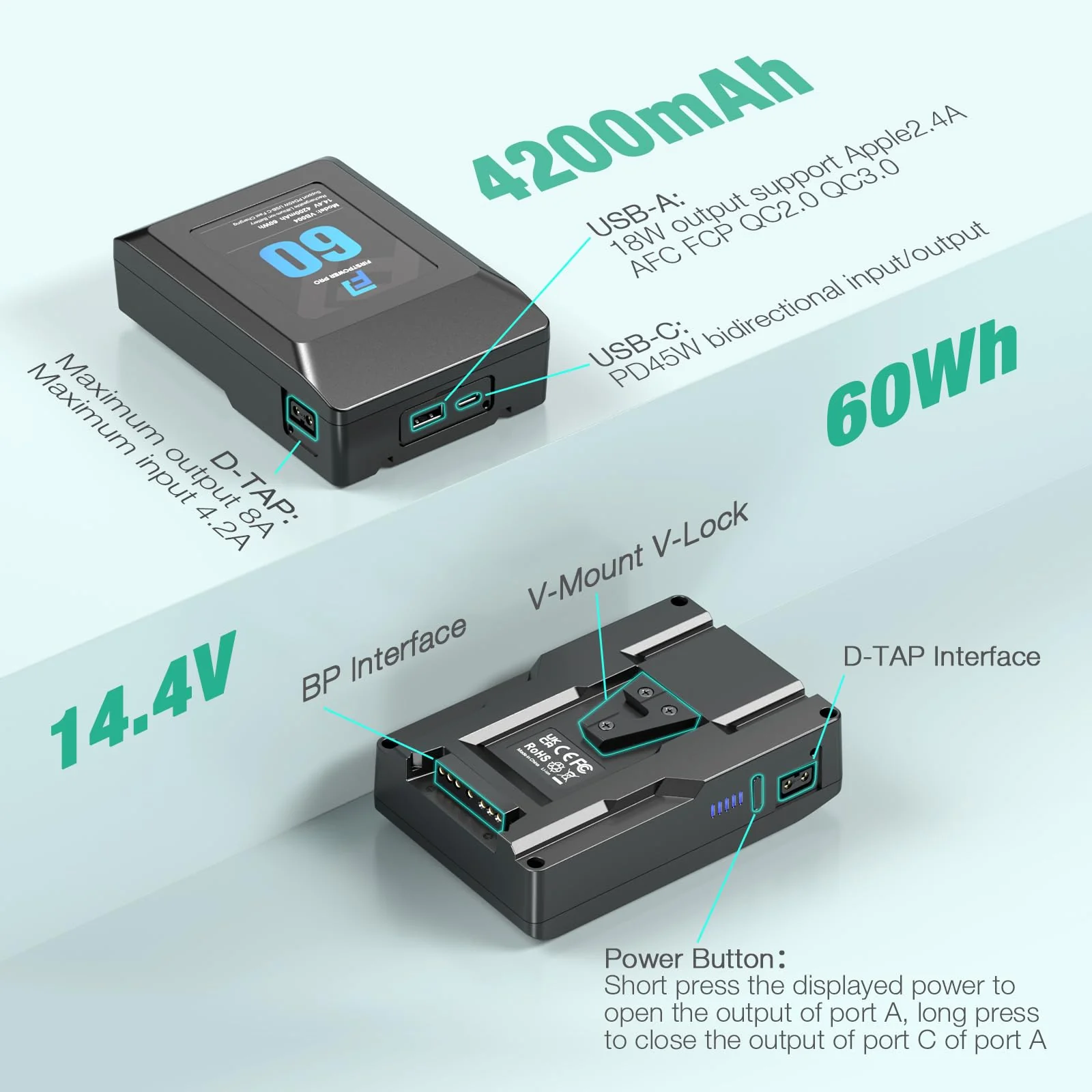 FirstPower V Mount/V-Lock Battery, 60Wh(4200mAh, 14.4V) V-Mount Battery Support PD 45W USB-C Fast Charger, with D-TAP, USB-A, USB-C Port, for Video Broadcast Camera Camcorder Monitor LED Light - Image 2
