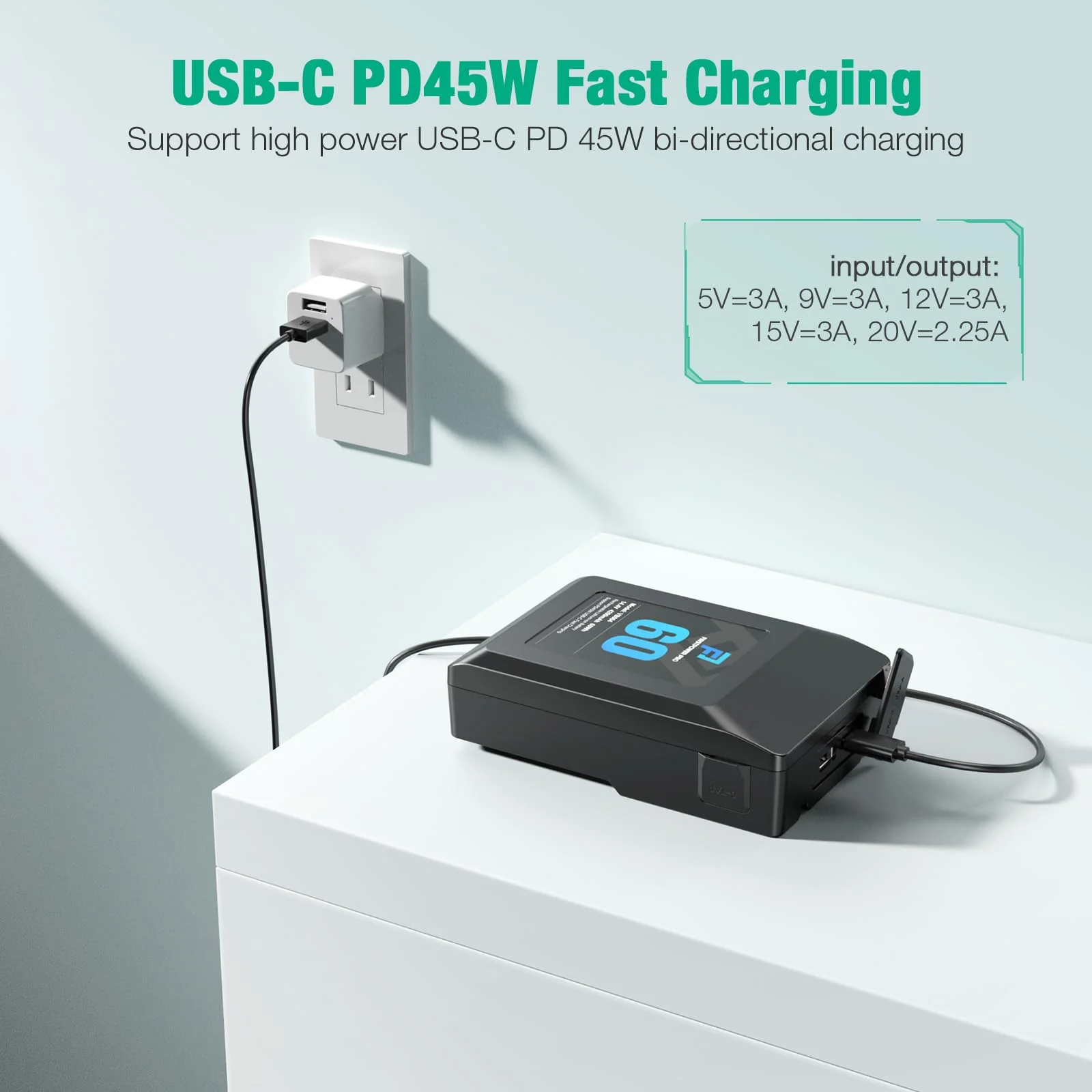 FirstPower V Mount/V-Lock Battery, 60Wh(4200mAh, 14.4V) V-Mount Battery Support PD 45W USB-C Fast Charger, with D-TAP, USB-A, USB-C Port, for Video Broadcast Camera Camcorder Monitor LED Light - Image 3