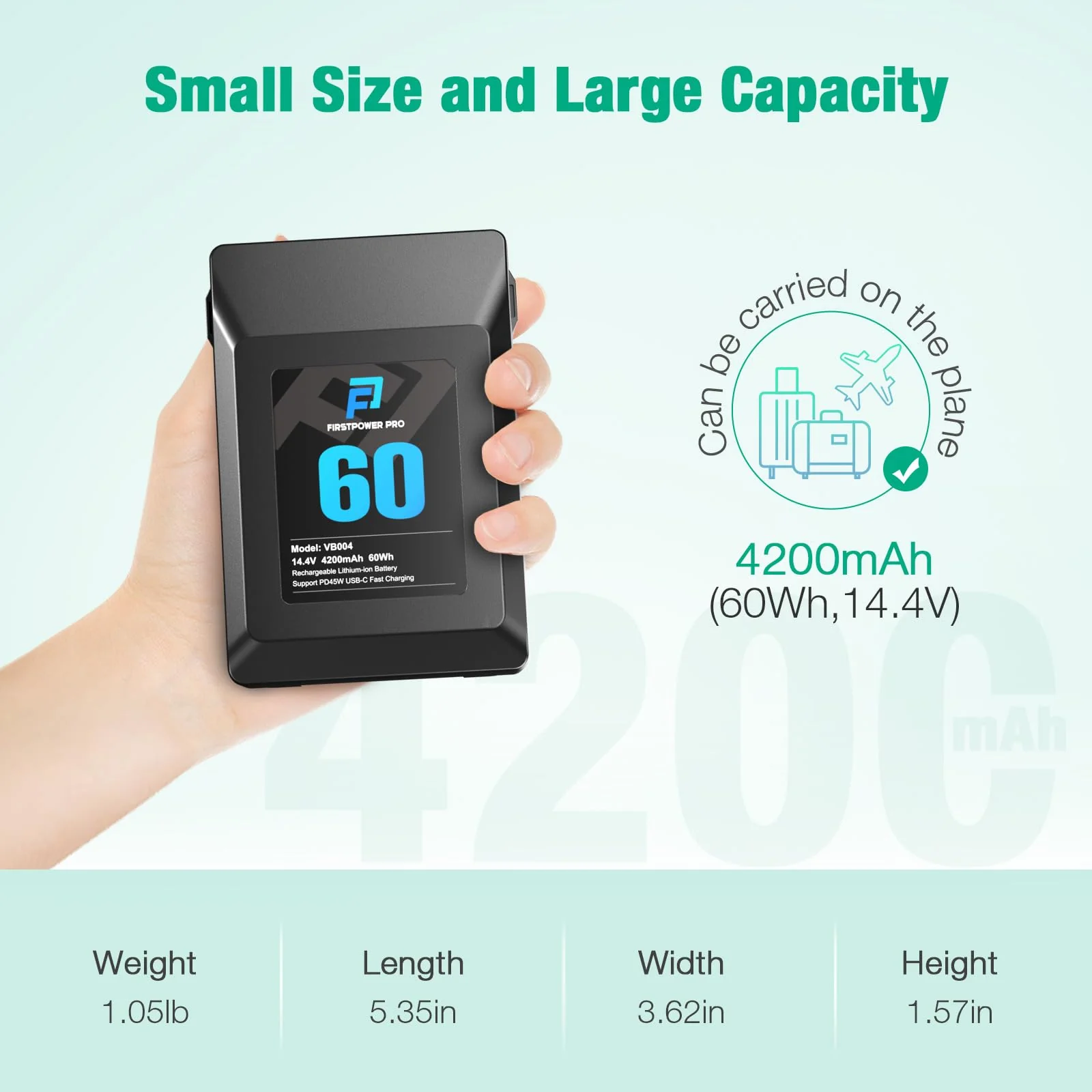 FirstPower V Mount/V-Lock Battery, 60Wh(4200mAh, 14.4V) V-Mount Battery Support PD 45W USB-C Fast Charger, with D-TAP, USB-A, USB-C Port, for Video Broadcast Camera Camcorder Monitor LED Light - Image 7