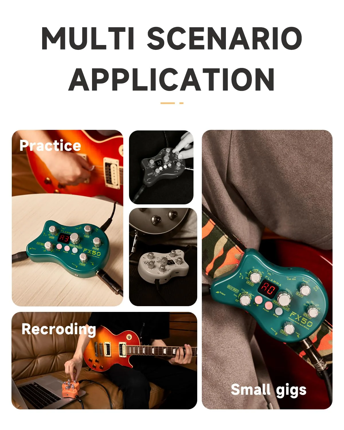 FLAMMA FX50 Practice Guitar Pedal Multi Effects Pedal Mini Portable with 40 Drum Rhythms15 Effects 32 Patches Tuner Function Support Both Corded and Battery Powered FX50 Green - Image 5