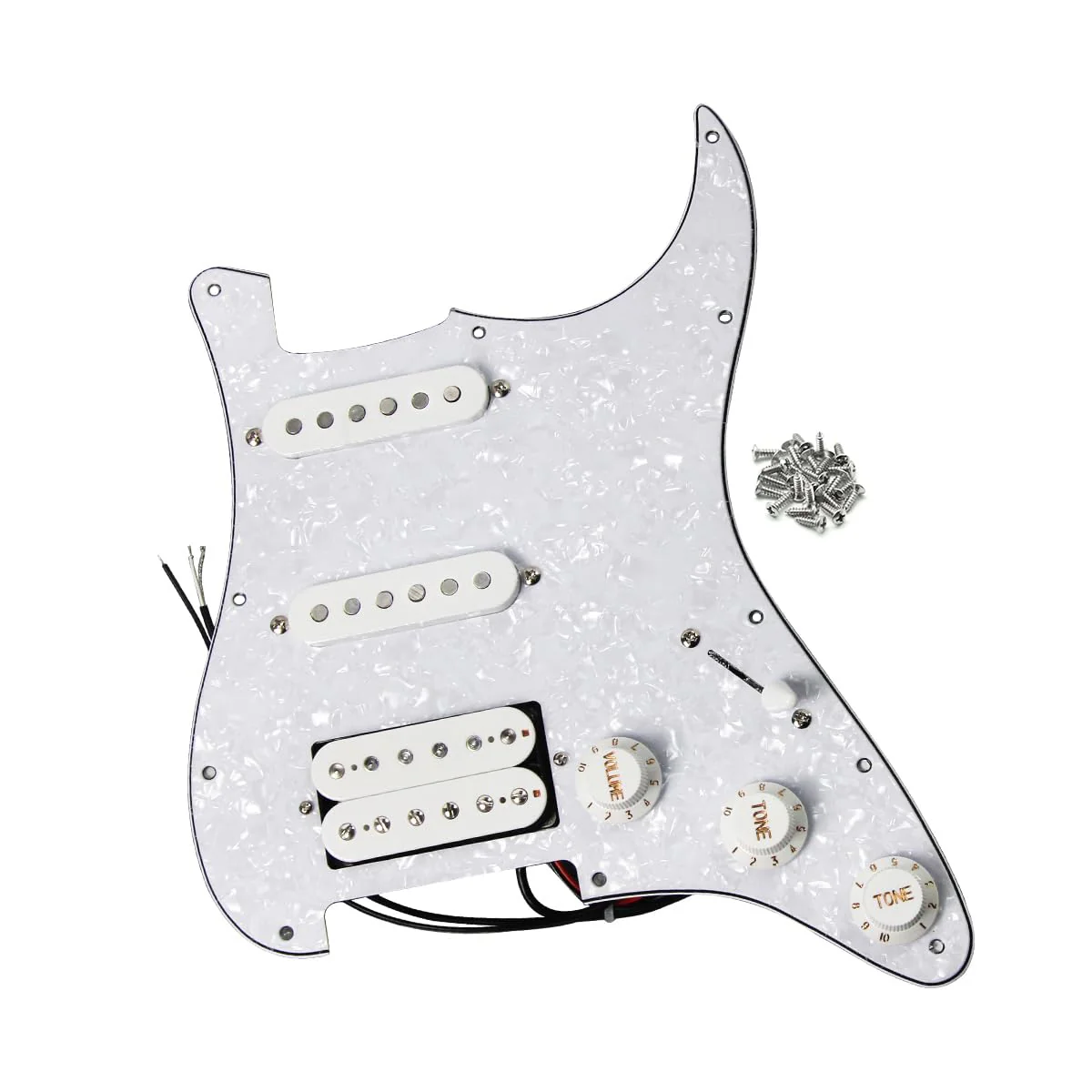 FLEOR Alnico 5 SSH Prewired Strat Pickguard Loaded Pickguard Humbucker Pickup Set, White Pearl