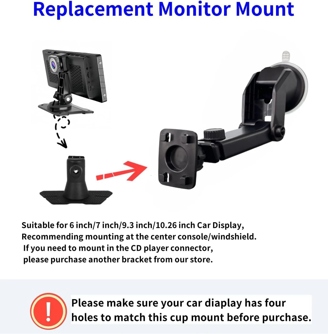 Flexible Dashboard Suction Cup Bracket Mount for Carplay Screen Monitor, Compatible with Most 7Inch 9Inch 9.3 Inch 10.26 Inch Portable Monitor Cell Phone Windshield Suction Cup Mount Holes Bracket - Image 2