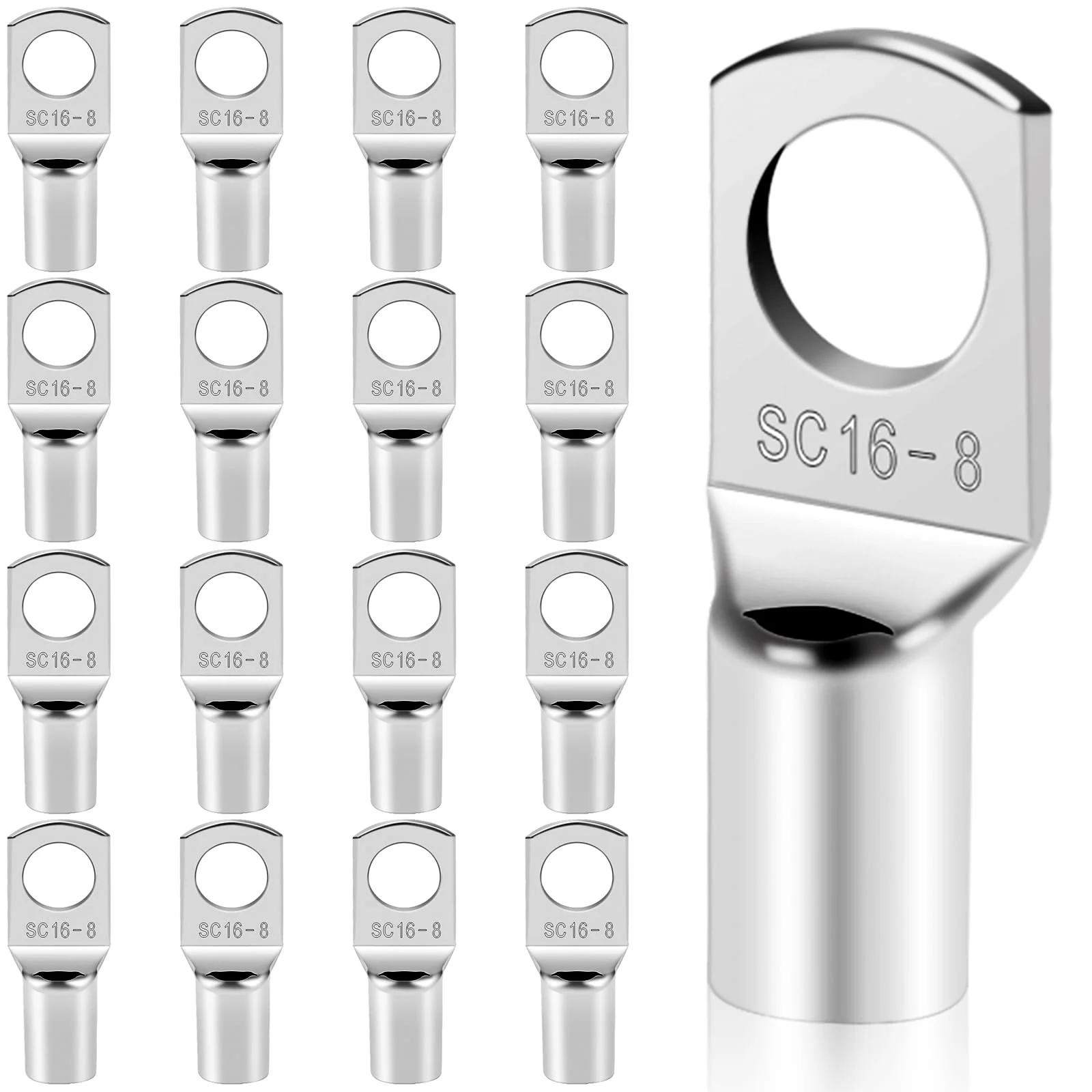 FLEXNOVA Tube Cable Lugs M8 16 mm2, Pack of 16 Ring Cable Lugs M8, Cable Lug M8 16 mm2 100A Uninsulated SC Cable Connector Set