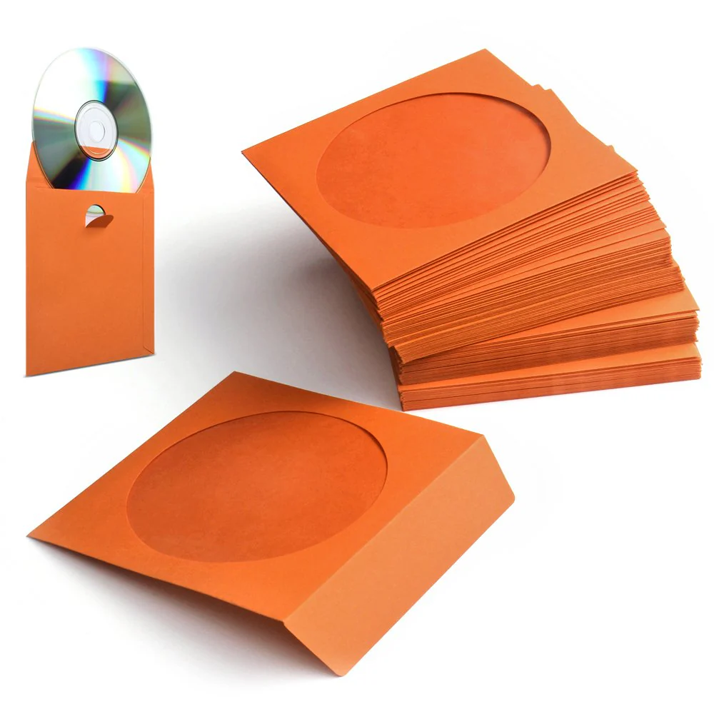 Flexzion DVD CD Sleeves 100 Pack - Premium Paper CD Sleeves for Music Movie Video Game Disc - Thick Disc Sleeve CD Envelopes Storage with Window Cutout and Flap, Orange