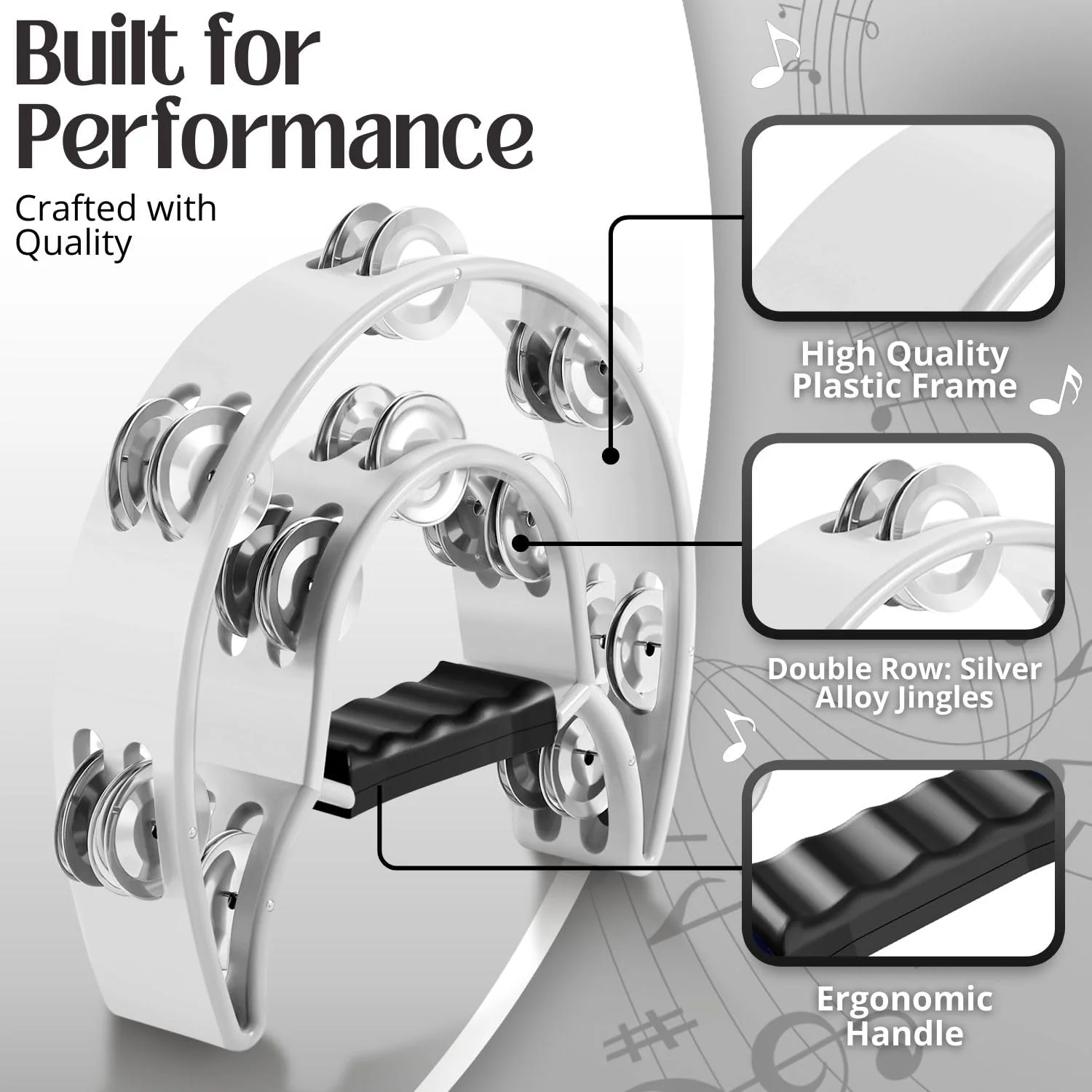 Flexzion Tambourine Metal Half Moon Musical Instruments Double Row Metal Jingles Hand Held Instruments Percussion with Ergonomic Handle Grip, Tambourines for Adults, 2 Packs - White - Image 3