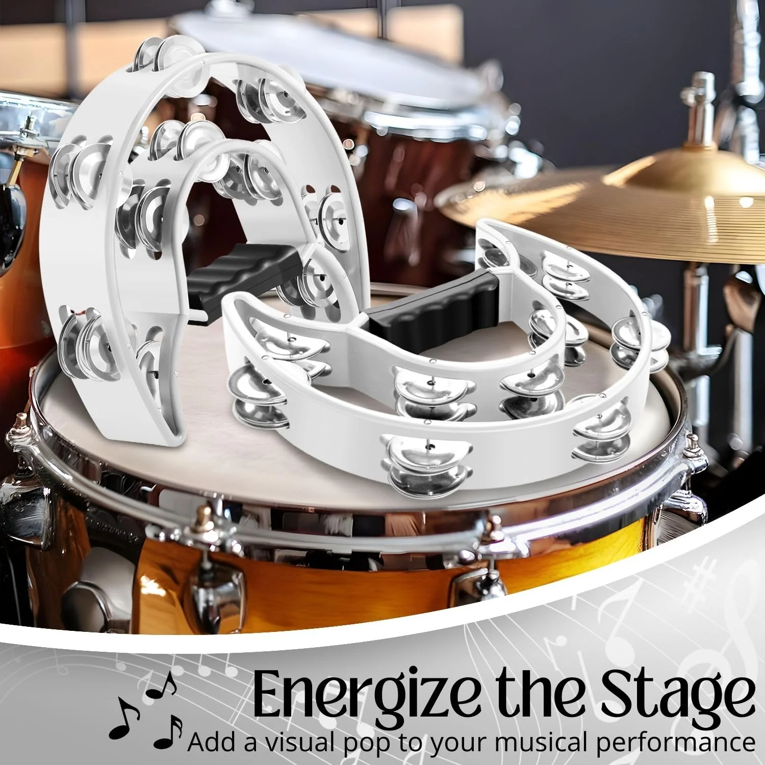 Flexzion Tambourine Metal Half Moon Musical Instruments Double Row Metal Jingles Hand Held Instruments Percussion with Ergonomic Handle Grip, Tambourines for Adults, 2 Packs - White - Image 5