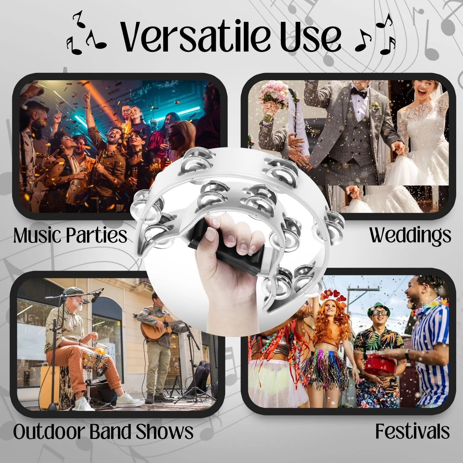 Flexzion Tambourine Metal Half Moon Musical Instruments Double Row Metal Jingles Hand Held Instruments Percussion with Ergonomic Handle Grip, Tambourines for Adults, 2 Packs - White - Image 7