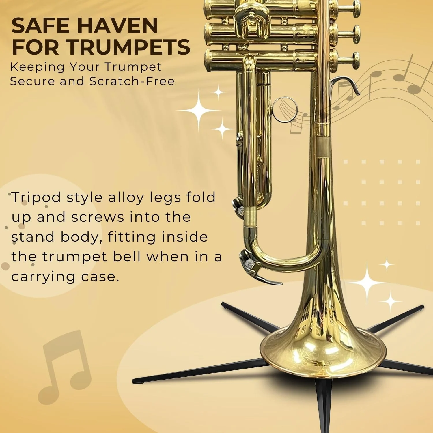 Flexzion Trumpet Stand Holder Portable - 5 Metal Leg Foldable Compact Tripod Display Stand with Anti-Scratch Felt Pads, Stable Support Musical Accessories for 4.5" Standard Bell Size, Brass Band - Image 2