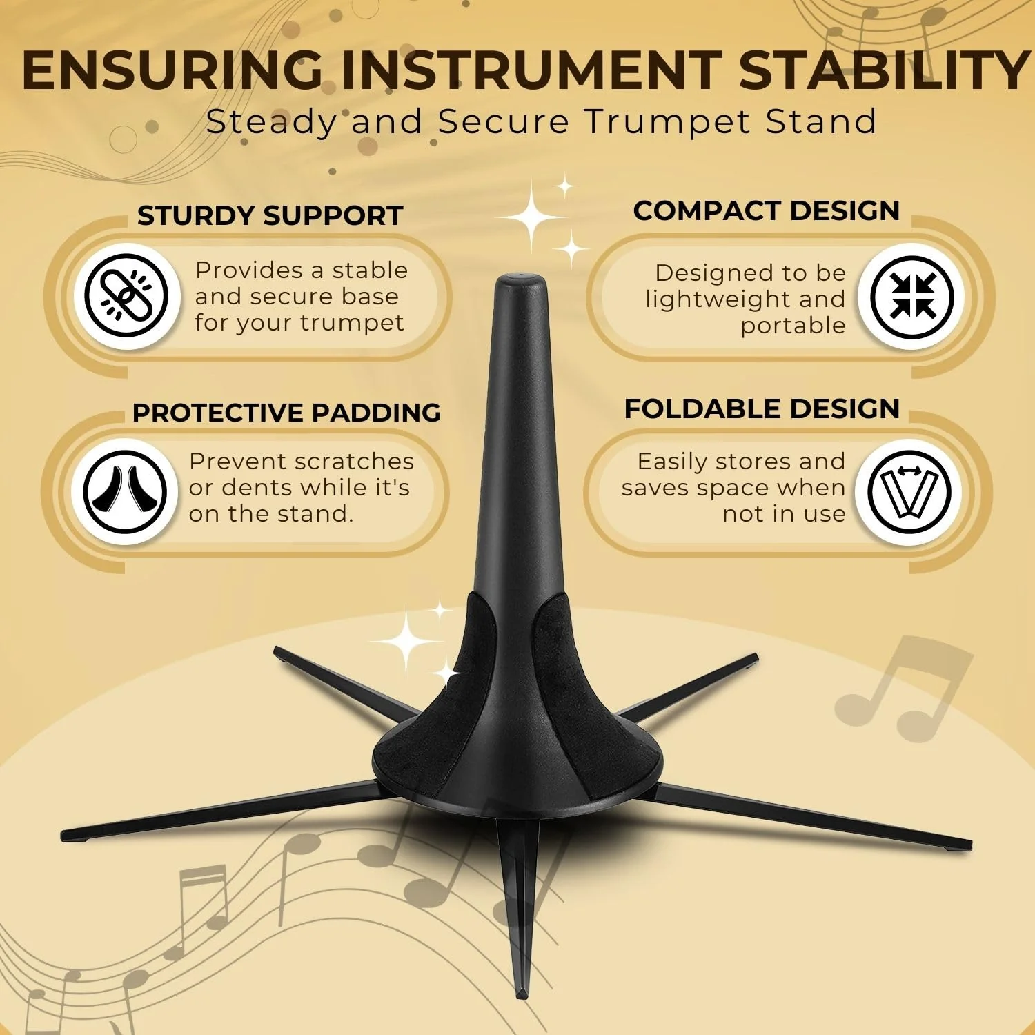 Flexzion Trumpet Stand Holder Portable - 5 Metal Leg Foldable Compact Tripod Display Stand with Anti-Scratch Felt Pads, Stable Support Musical Accessories for 4.5" Standard Bell Size, Brass Band - Image 5