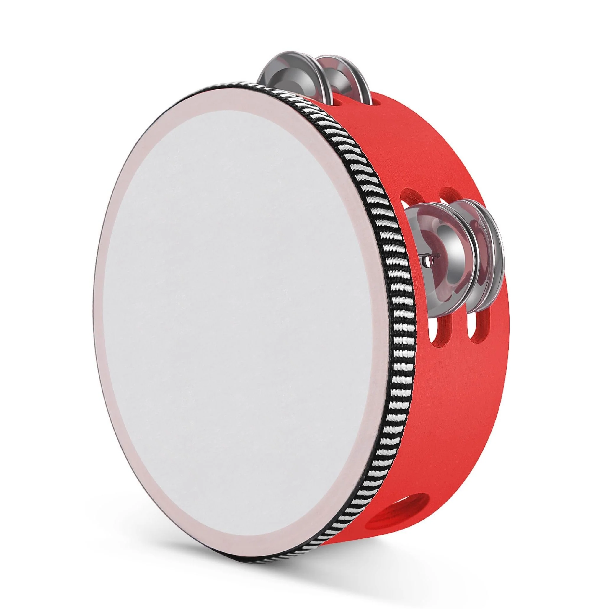 Flexzion Wood Handheld Tambourine Adults 6-Inch Double Row 8-Pair Jingles (Red) - Percussion Round Tamborines Musical Instrument with Metal Zills 6 Inch Double Row - Red