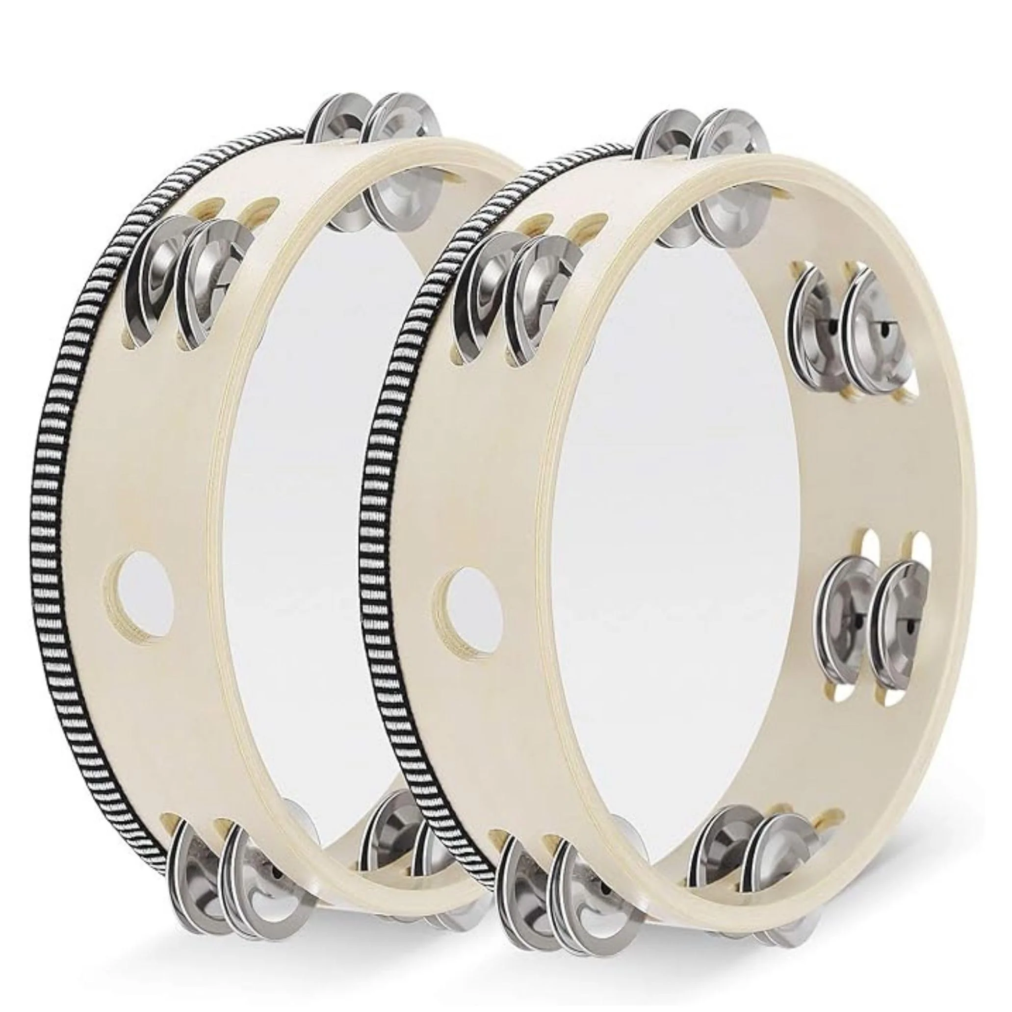 Flexzion Wood Handheld Tambourine for Kids (2 Pack) 8 Inch Double Row 12 Pair Jingles, Hand Held Percussion Drum Moon Musical Instrument with Metal Bell 8 Inch (2 Pack) Double Row - Wood