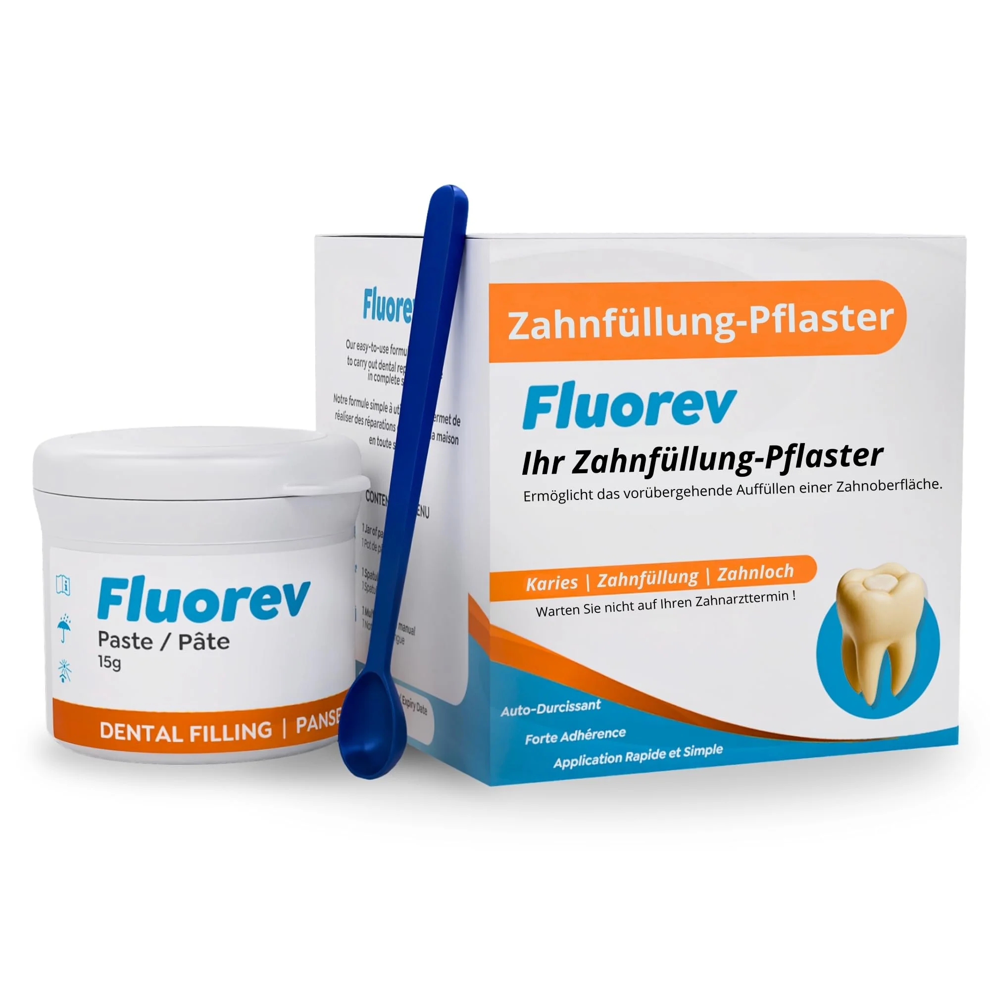 FLUOREV Temporary Dental Filling Material - Temporary Tooth Repair (Caries, Fillings) and Instant Pain Relief - Ready to Use - Easy to Use - Zinc Oxide - 15g