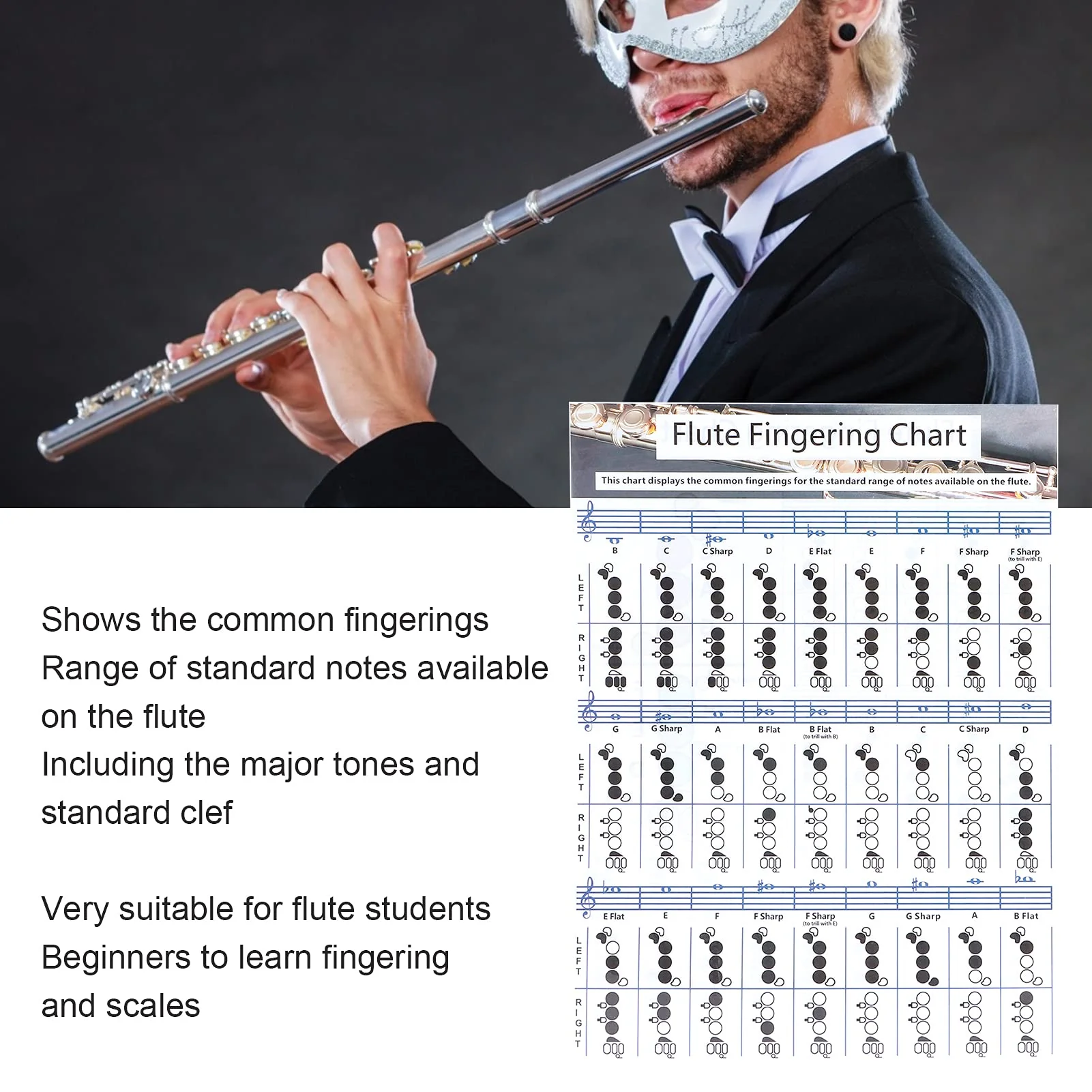 Flute Chord Chart, Easy-to-understand Flute Fingering Practice Chart Standard White with Coated Paper for Practice Teaching Aids Instrument for Flute Students(Flute Fingering Table Small (28*21cm)) Flute Fingering Table Small (28*21cm) - Image 3