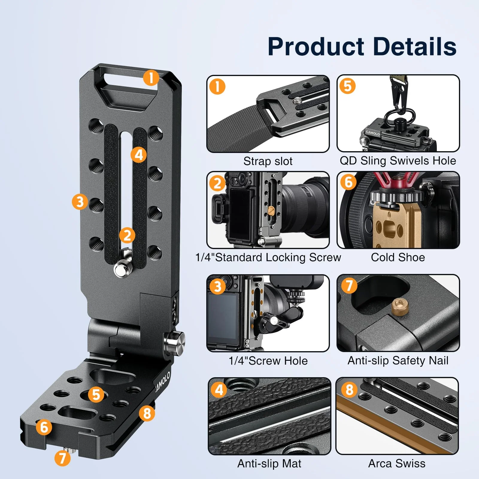 Foldable DSLR Camera L Bracket - Arca Base Universal Vertical Camera Mount Horizontal Switching Tripod Quick Release Plate Compatible with Canon Nikon Sony Fujifilm DJI Ronin Osmo Stabilizer Monopod - Image 5