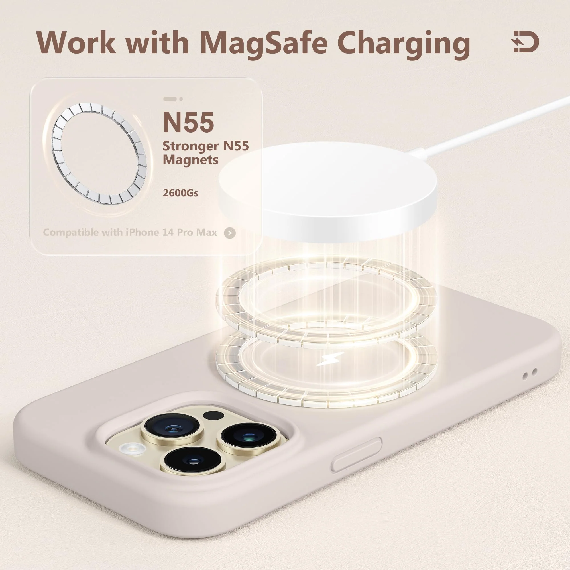 for iPhone 14 Pro Max Case Silicone, Compatible with Magsafe, with 2X Screen Protector + 2X Camera Lens Protector, Liquid Silicone Shockproof Protective iPhone 14 ProMax Case, Stone A-Stone - Image 3