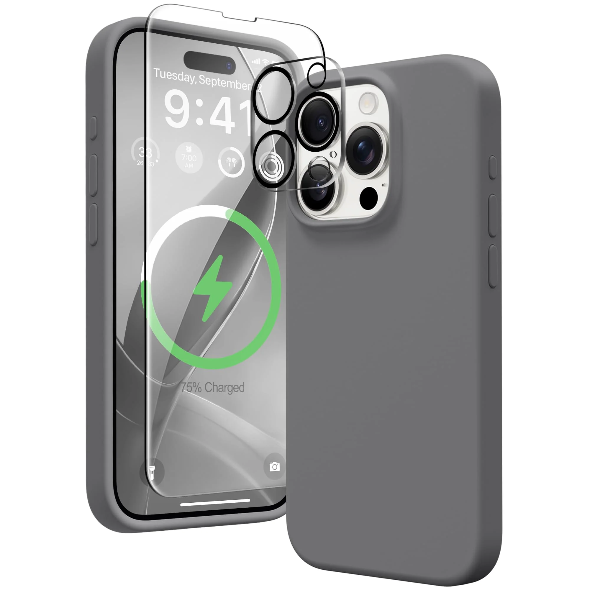 for iPhone 15 Pro Max Case Silicone, Compatible with Magsafe, 2X Camera Protector + 2X Screen Protector, Soft Anti-Scratch Microfiber Lining, Liquid Silicone Shockproof Phone Cover, Grey