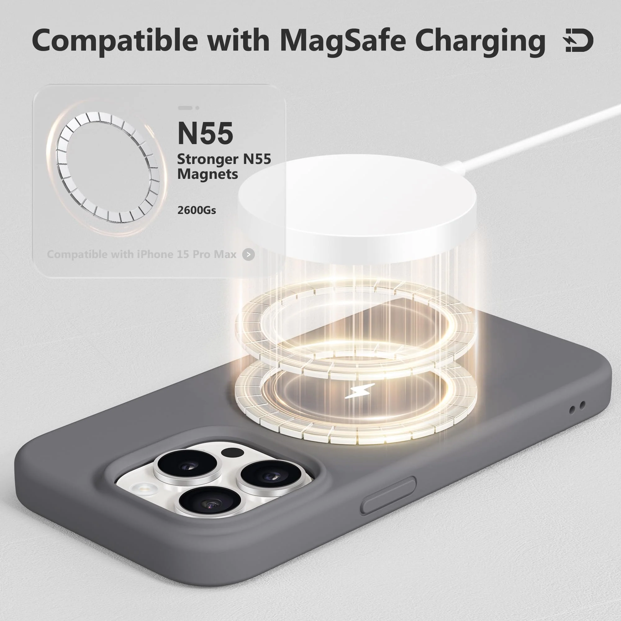 for iPhone 15 Pro Max Case Silicone, Compatible with Magsafe, 2X Camera Protector + 2X Screen Protector, Soft Anti-Scratch Microfiber Lining, Liquid Silicone Shockproof Phone Cover, Grey - Image 4