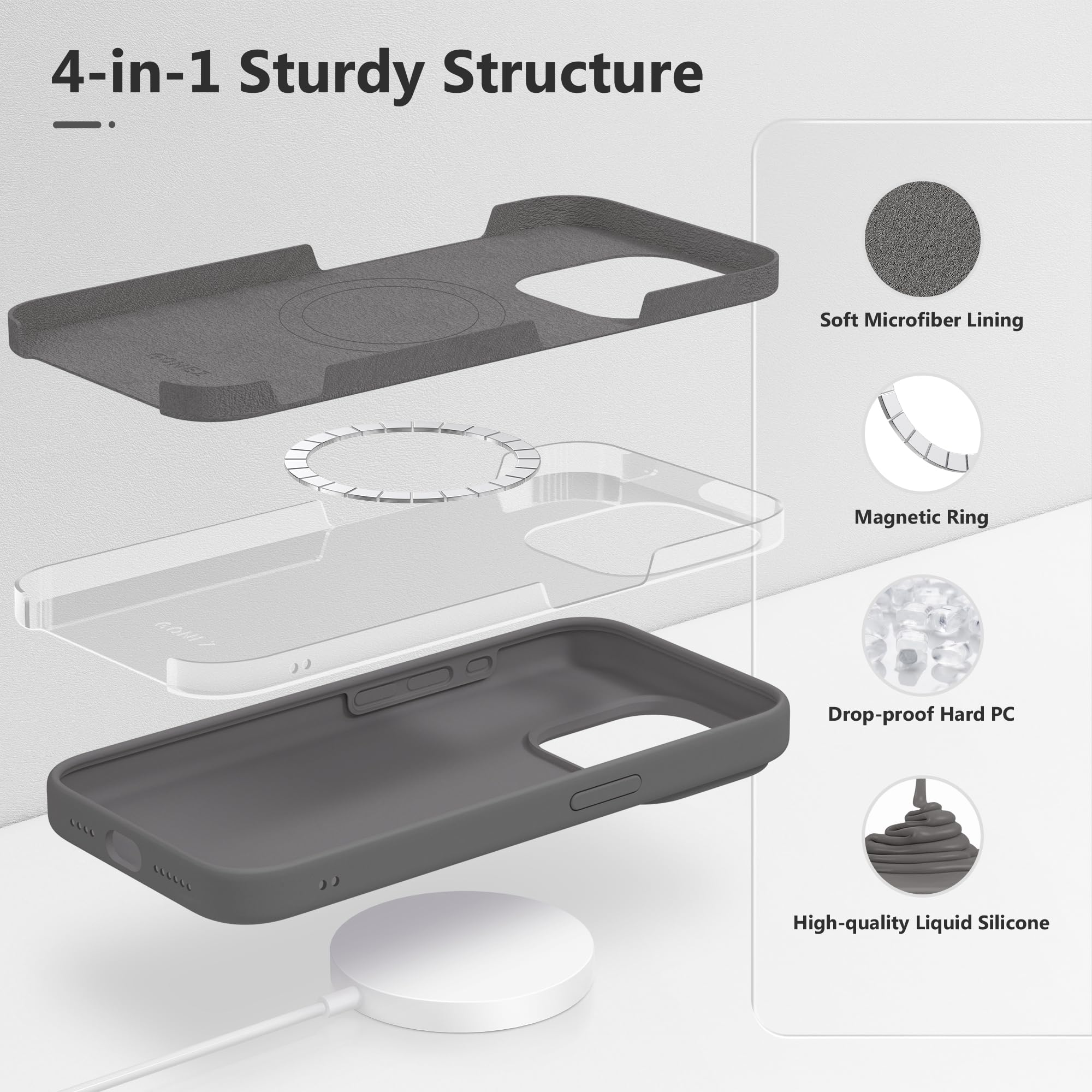 for iPhone 15 Pro Max Case Silicone, Compatible with Magsafe, 2X Camera Protector + 2X Screen Protector, Soft Anti-Scratch Microfiber Lining, Liquid Silicone Shockproof Phone Cover, Grey - Image 7