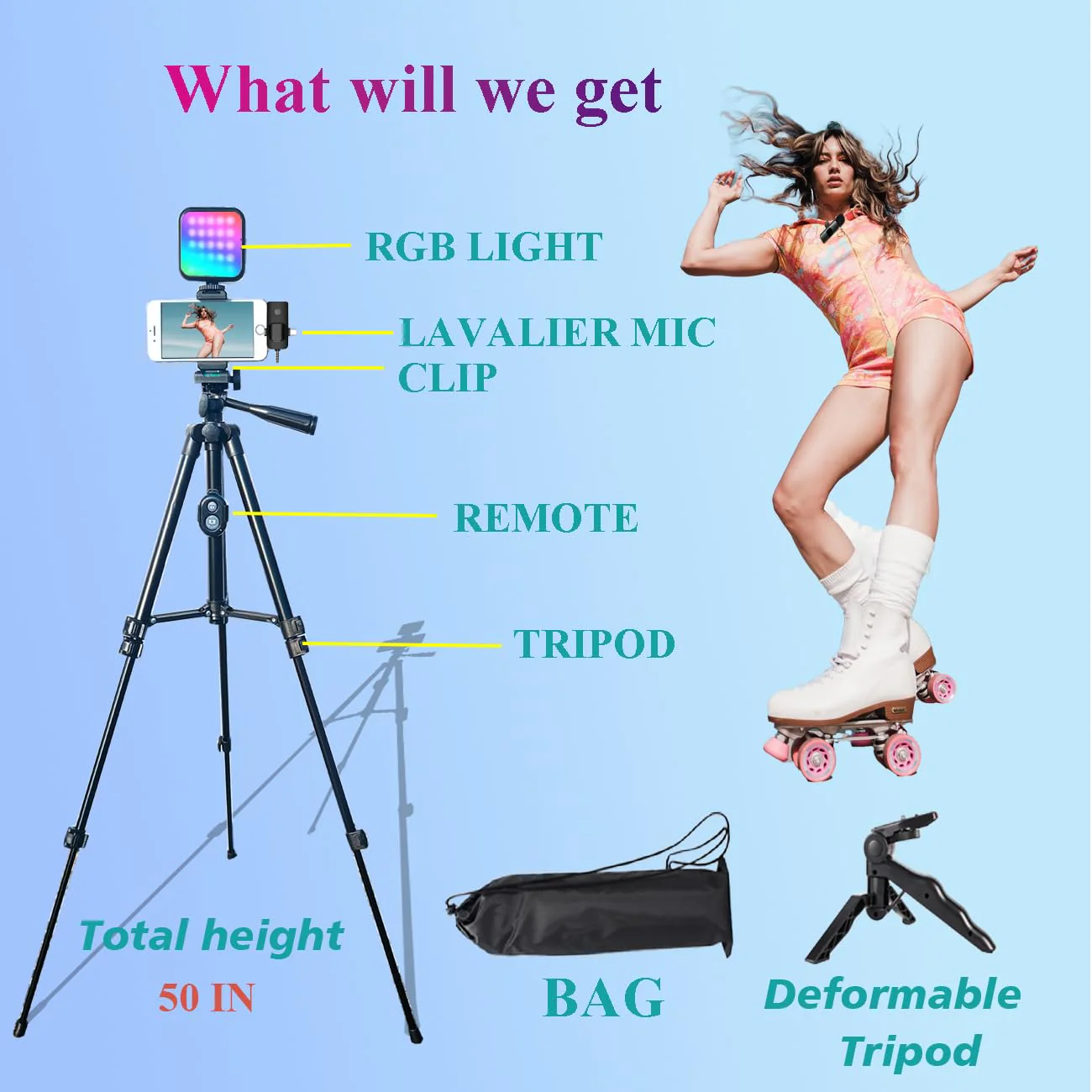 for iPhone Vlogging Kit, Vlogging Kit for Andriod Phone with Two Tripods RGB Light Lavalier Microphone Remote for YouTube Tiktok Content Creator (Total Height 20 in to 50 in) Total Height 20 IN to 50 IN - Image 6