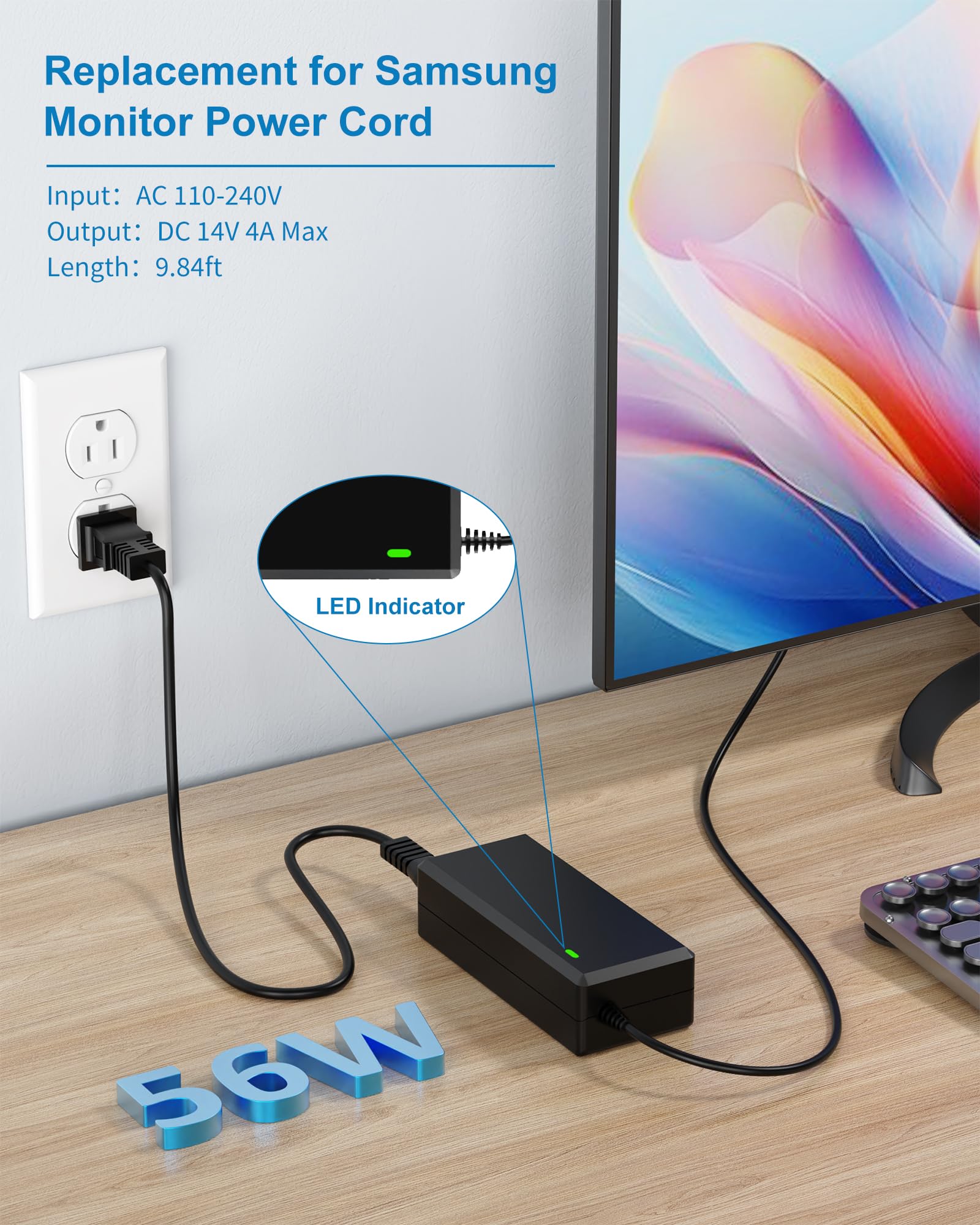 for Samsung Monitor Power Cord DC 14V 4A for Samsung SyncMaster 32” 27" 24" 22" 23" 20" 19" 18" 17" 15” Screen LED LCD TFT Monitor TV Power Supply Cord - Image 4