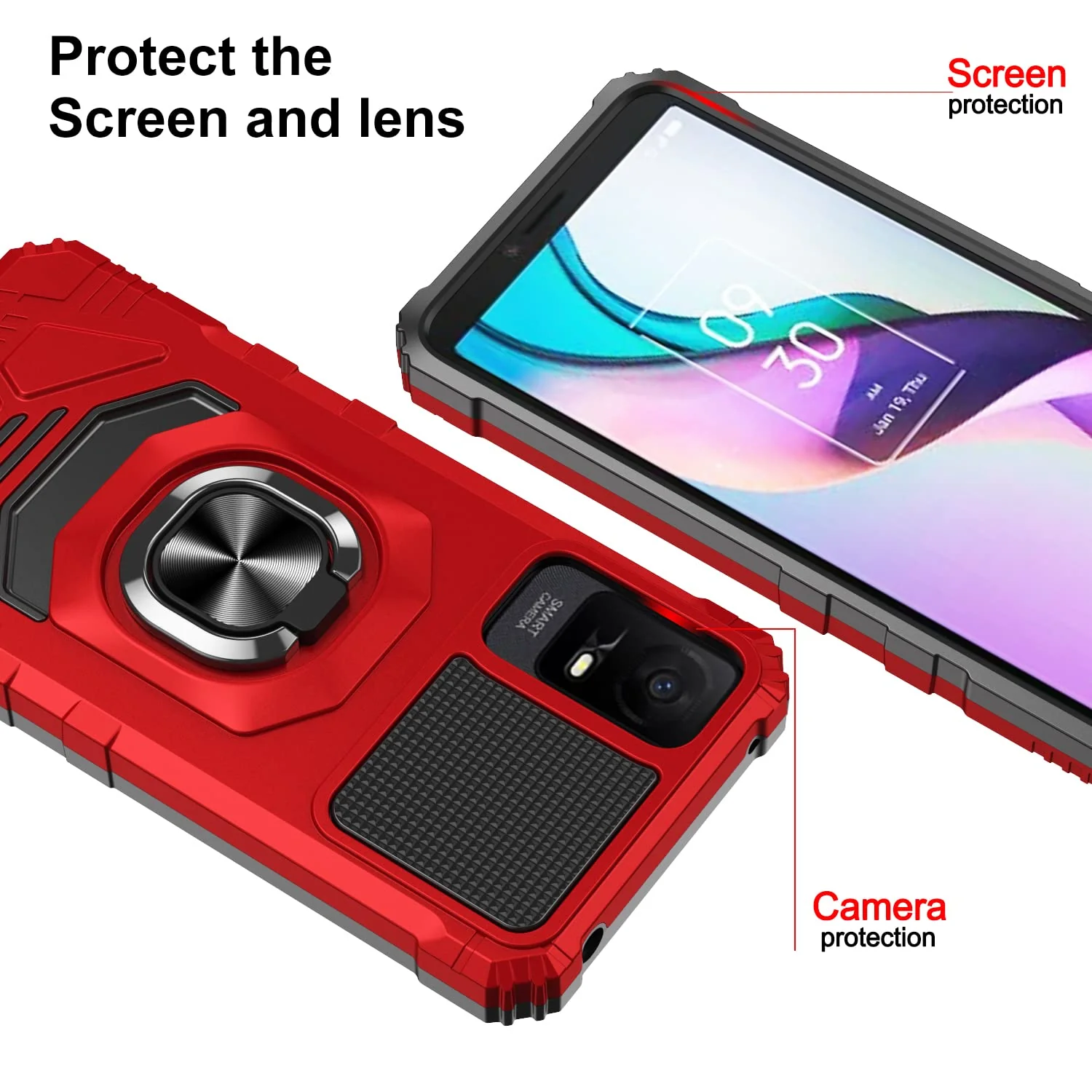 for TCL ION V Case/TCL ION X Case with Screen Protector,TCL ION V T607DL Phone Case Magnetic Car Ring Stand Soft Silicone Bumper Military Grade Protective Phone Cover for TCL ION X T430W Red TCL ION X/ION V - Image 4