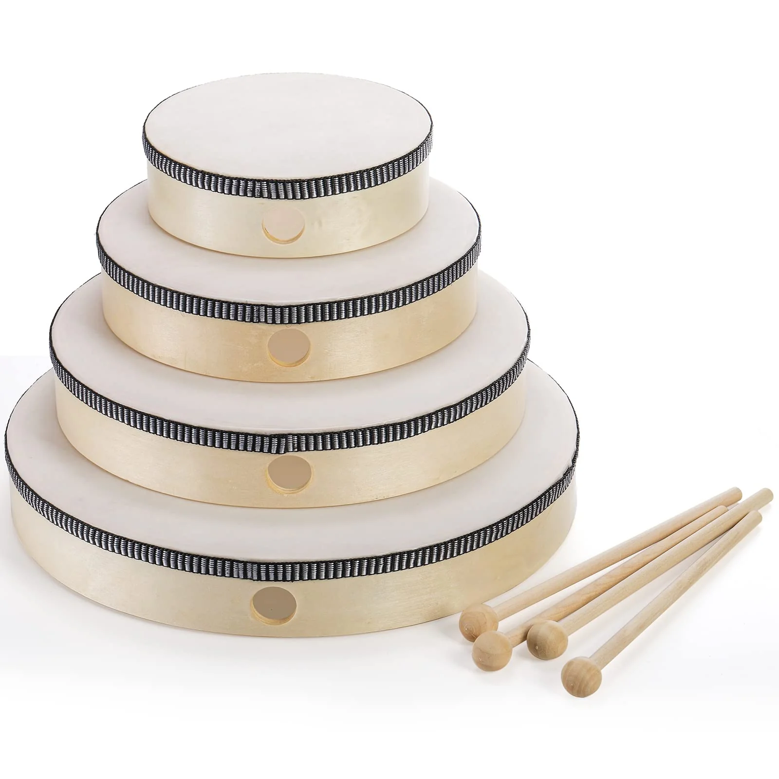 Foraineam 4 Pack Hand Drum 12 Inch 10 Inch 8 Inch 6 Inch Wood Drum Set Musical Educational Percussion Instrument Wooden Frame Drum with Drum Sticks for Home Party Supplies - Image 4